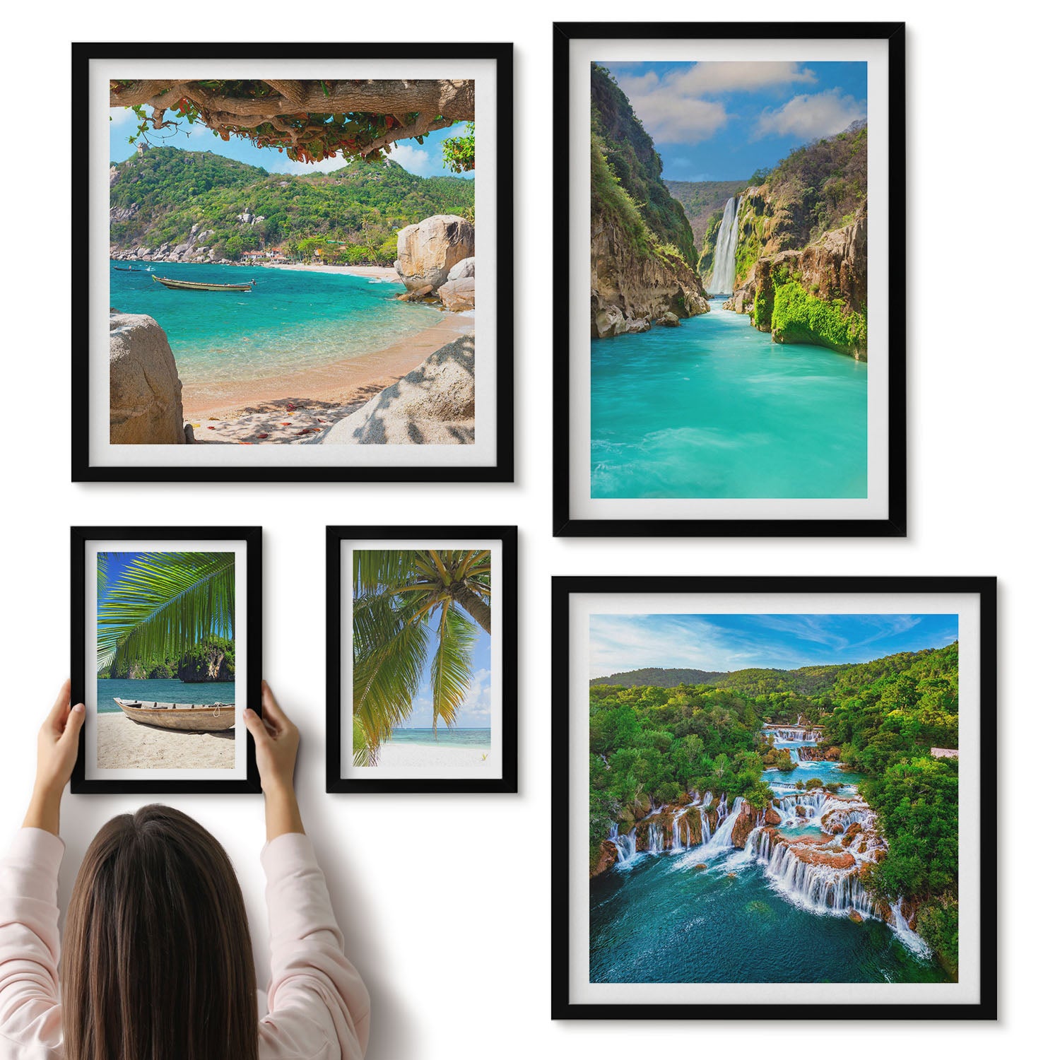 Galeria ścienna 5-częściowy komplet obrazów w czarnych ramach - Tropikalne pejzaże z wodospadami i plażami rajskimi - ArtPrintCave