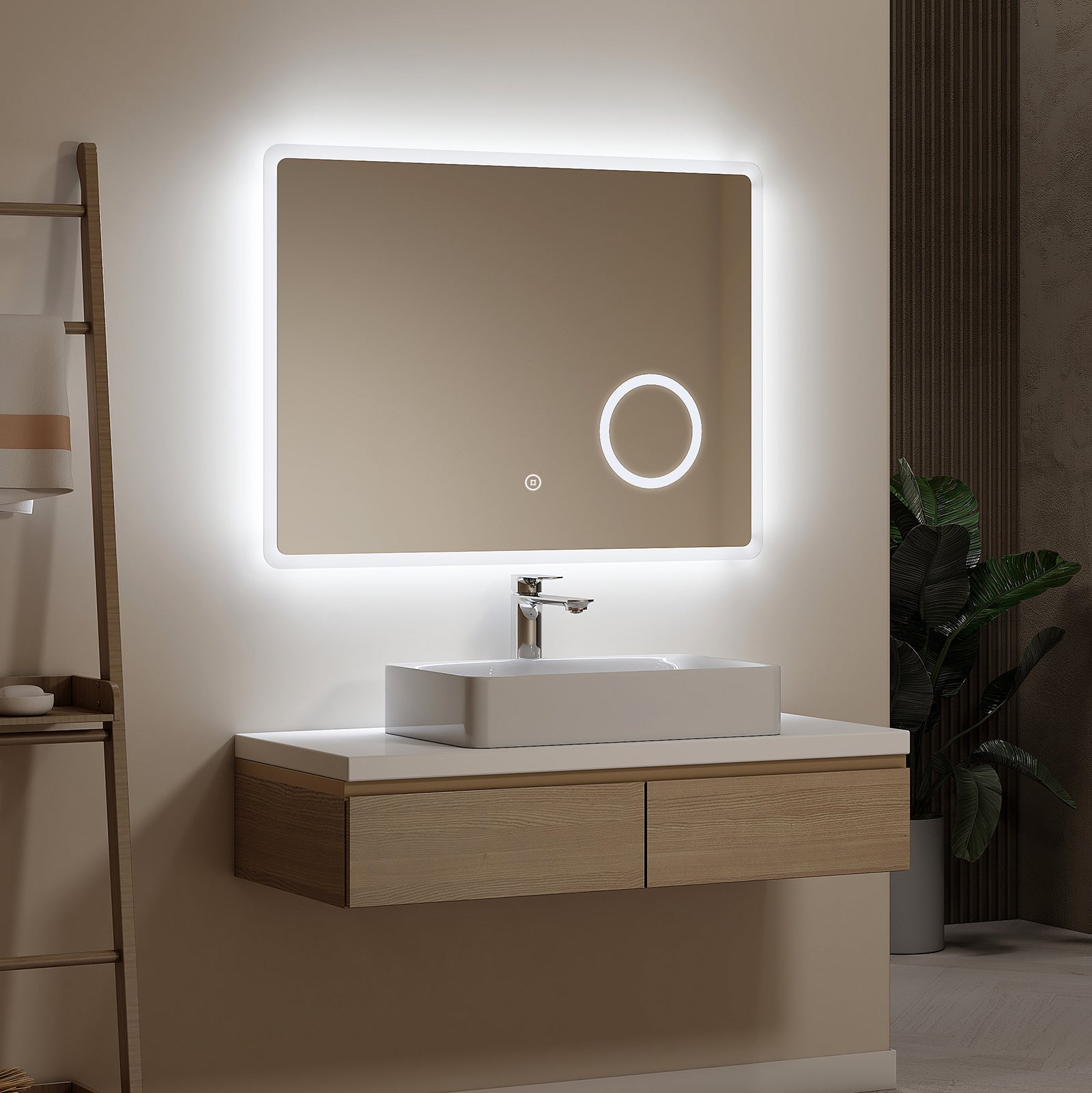 EMKE Lustro łazienkowe z oświetleniem LED 80x60 cm, z 6500K, 3-krotne powiększenie, funkcja pamięci, przełącznik dotykowy, IP44