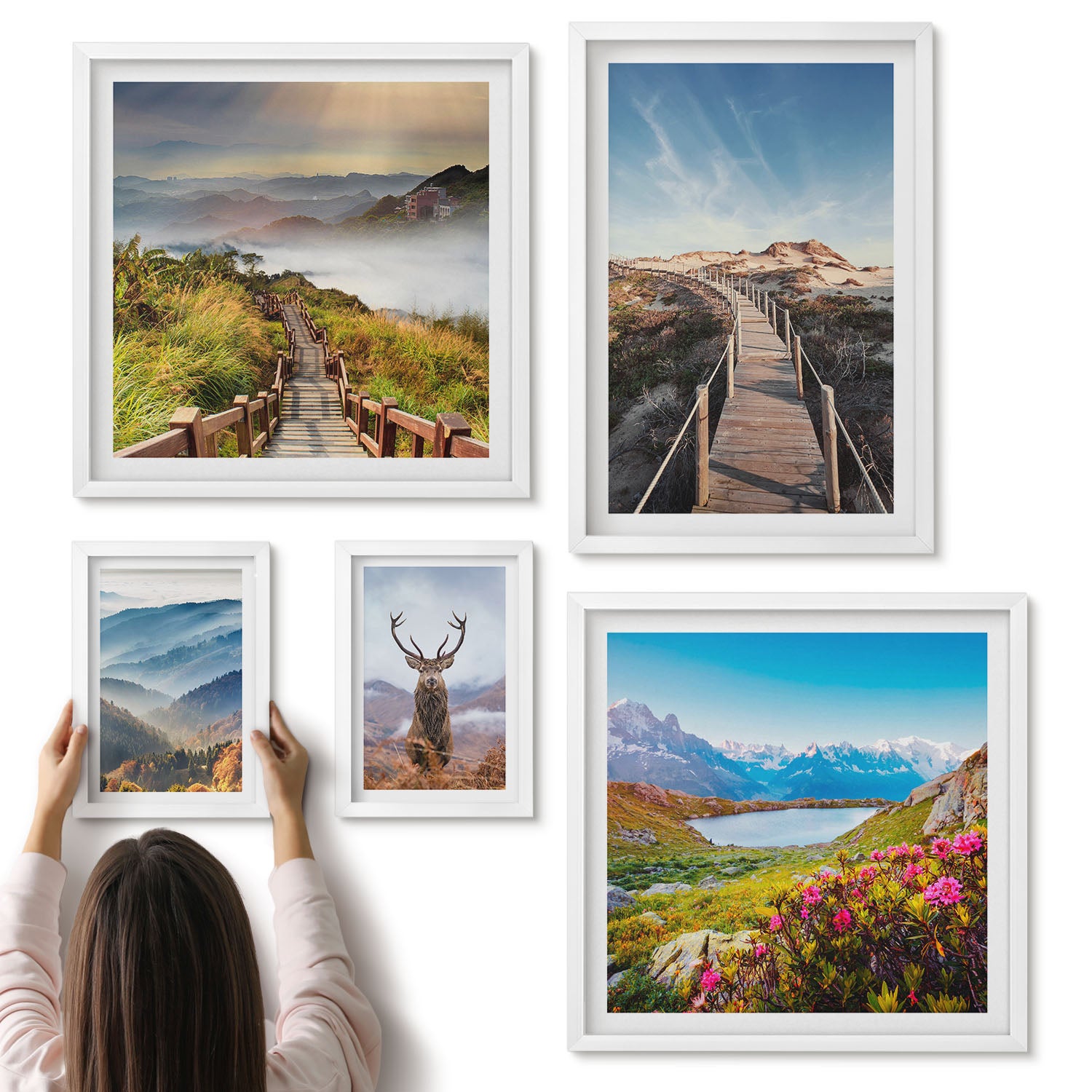 Galeria ścienna 5-częściowy komplet obrazów w białych ramach - Naturalne krajobrazy górskie i leśne z dziką fauną - ArtPrintCave