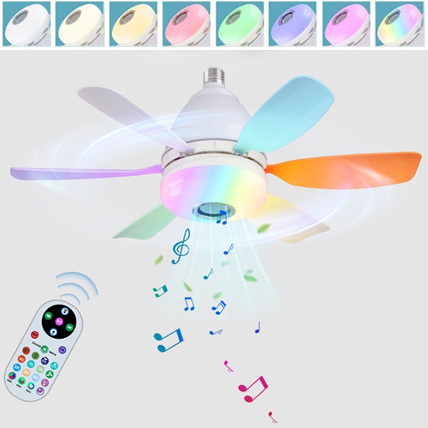 Wentylator sufitowy 50 cm E27 LED RGB, regulacja barwy 3000–6500 K, funkcja muzyki, pilot, montaż bezpośredni (bez podsufitki).