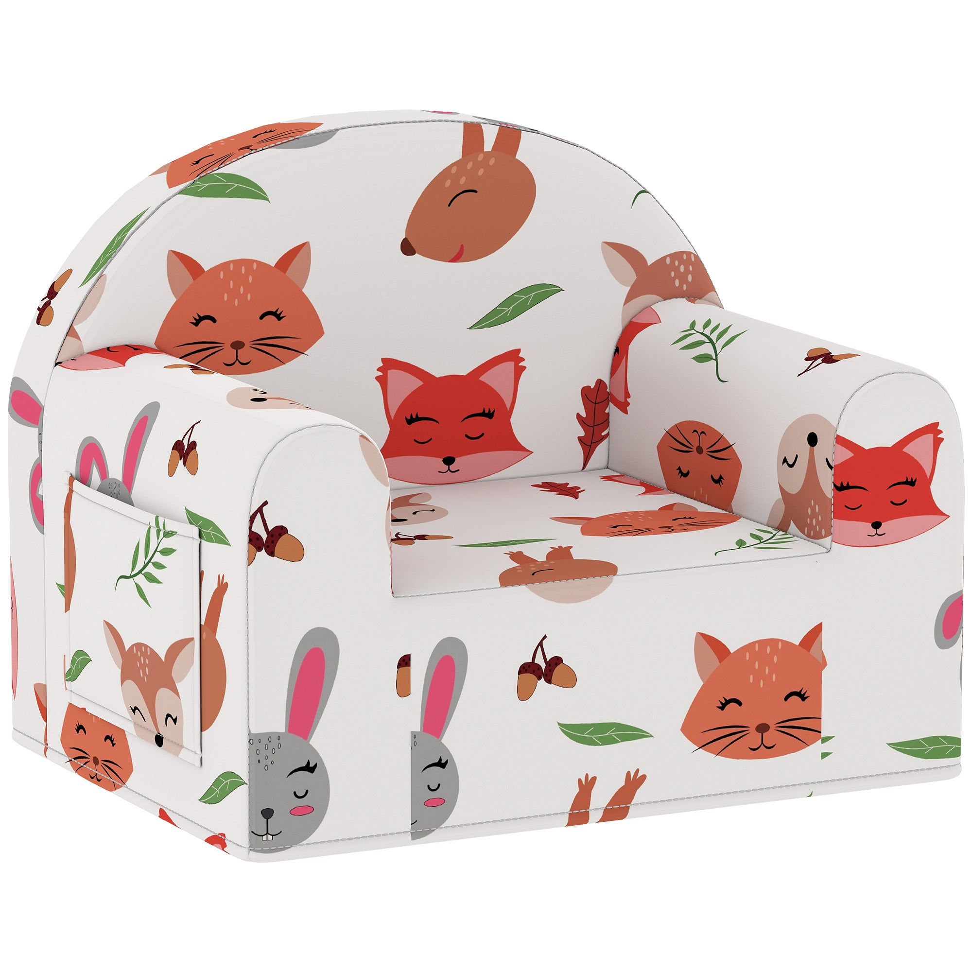 Fotel dziecięcy z nadrukiem lisa, sofa dla dzieci 18-36 miesięcy, ze zdejmowanym pokrowcem i kieszenią, 54x40x43 cm, biały