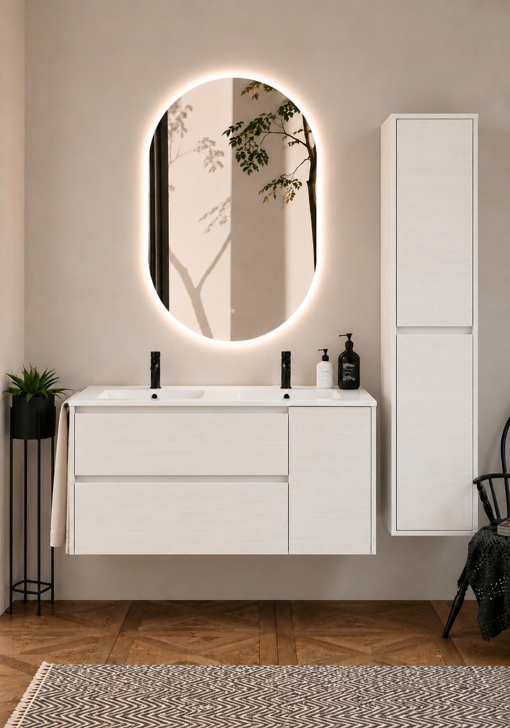 Szafka łazienkowa z umywalką ORIGENBATH ITACA bez lustra 120x45 cm podwójna umywalka biały nordycki z kolumną