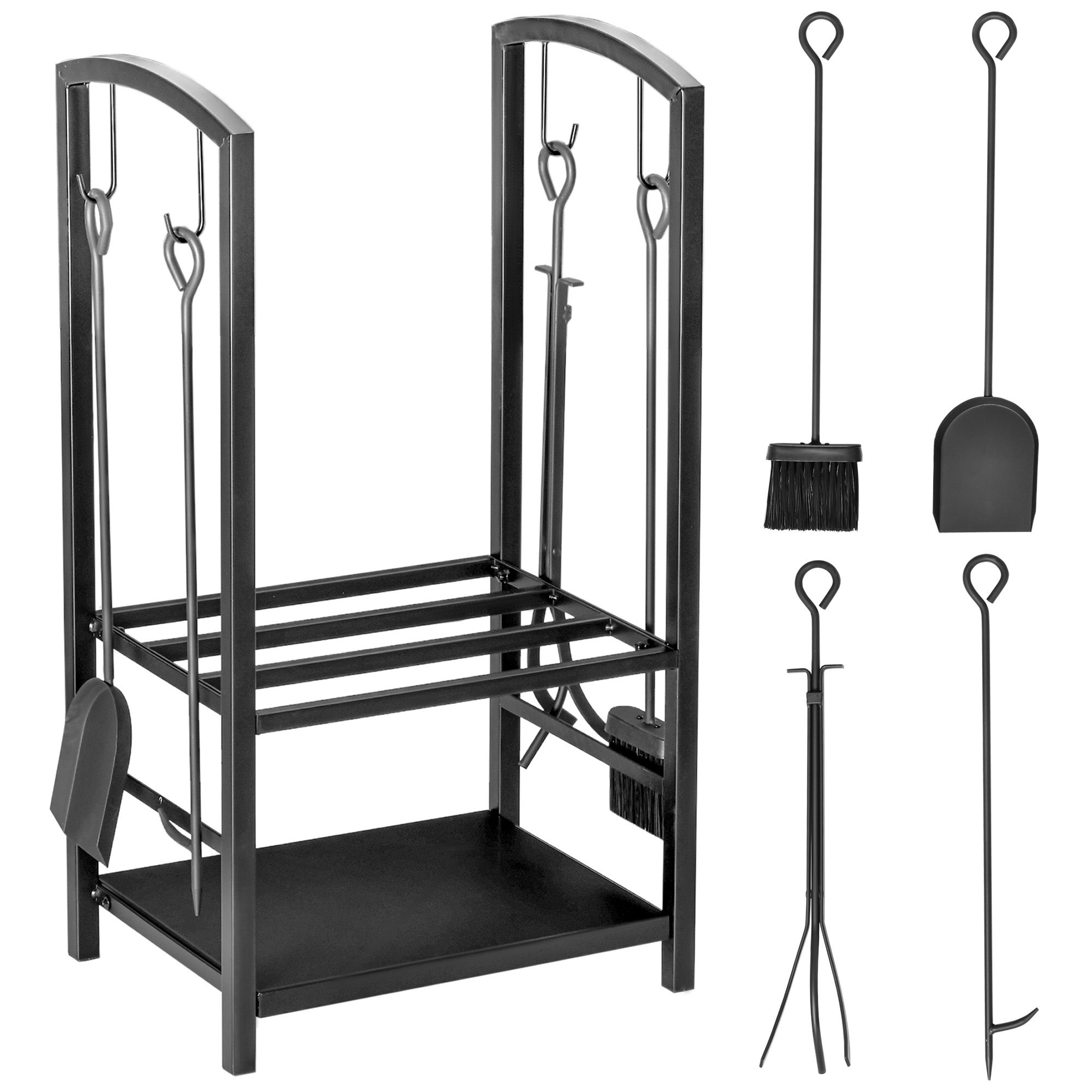 Stojak na drewno opałowe, półka na drewno opałowe, 2 poziomy, akcesoria kominkowe, do 100 kg, stal, kolor czarny, 40 x 30 x 74,5 cm