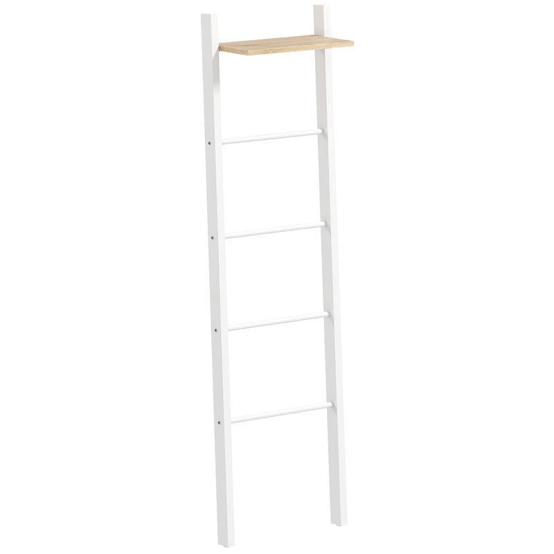 Wieszak na ręczniki schodowy z półką górną i 4 drążkami Wieszak na ręczniki łazienkowy do montażu na ścianie 43x20x151 cm Biały i dąb