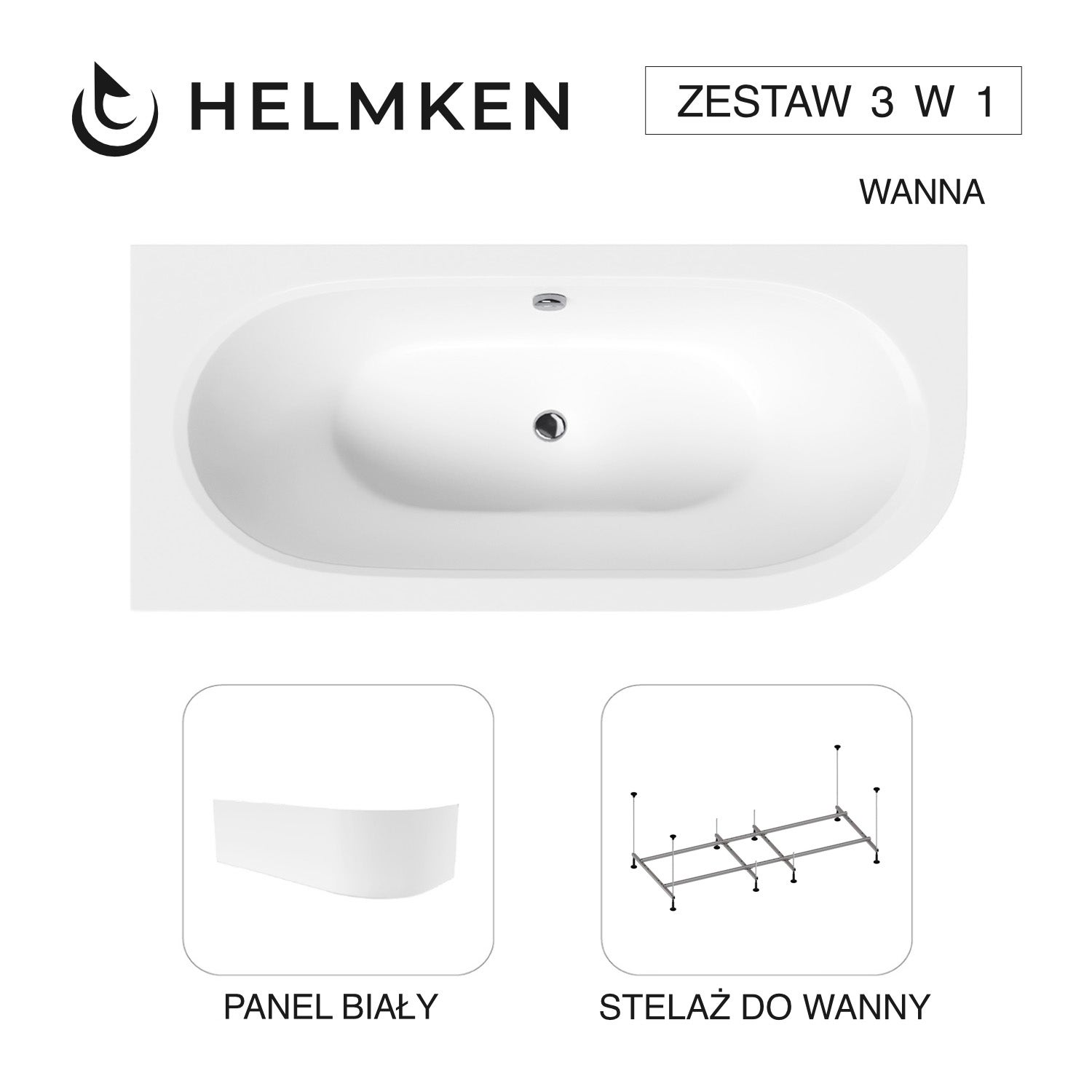 Wanna akrylowa Helmken Marbella Lux 170 x 75 Lewa + Panel Biały + Stelaż do wanien Helmken 21210023 / 23092006-3S