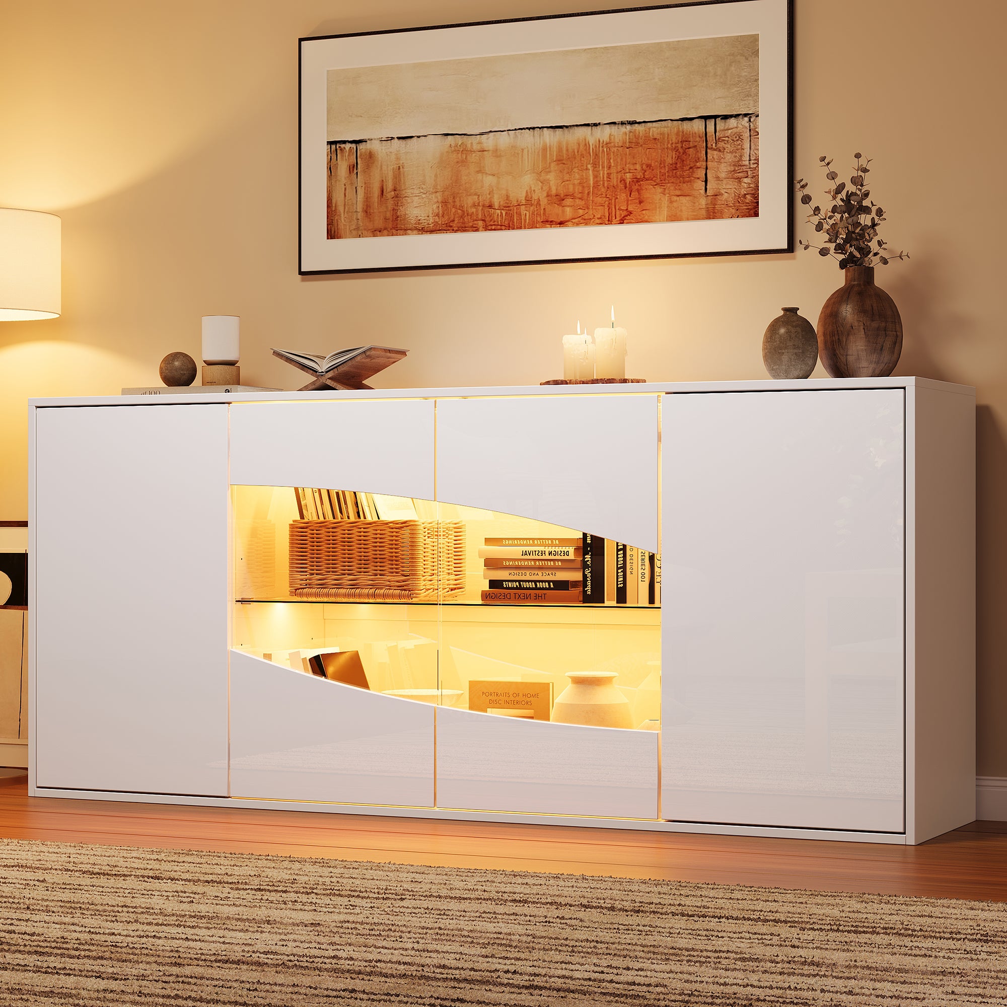 Biała komoda witryna z połyskiem i oświetleniem LED, 4 drzwi i 6 komór, szafka MDF 160 x 35 x 70 cm do salonu oraz jadalni