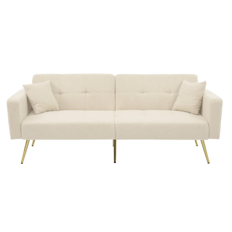 Sofa z funkcją spania, regulowanym kątem nachylenia, złotymi nogami, poduszkami i bocznymi kieszeniami do przechowywania.