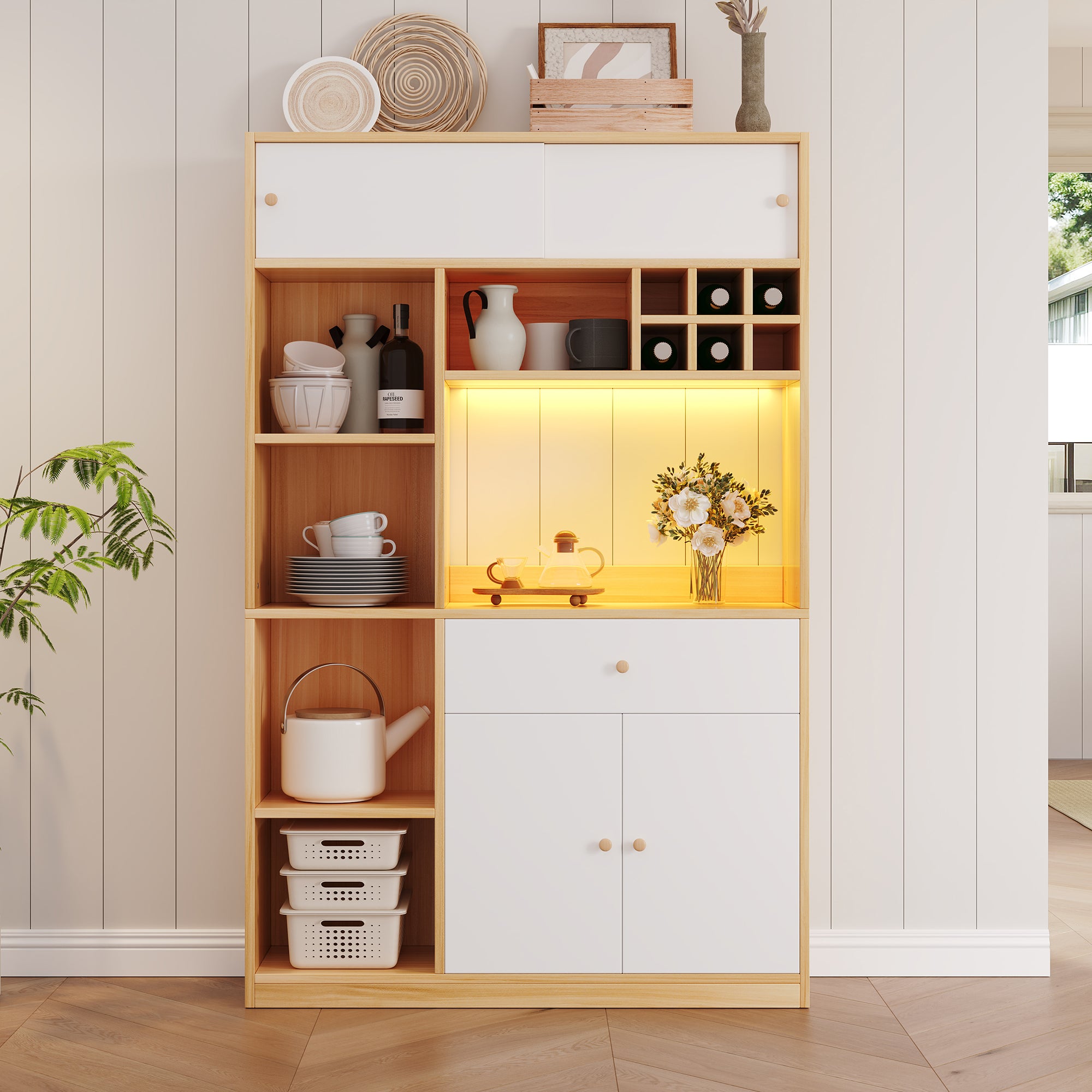Kredens kuchenny z 4 drzwiami, 1 szufladą, regałem na wino i półkami - 115 x 35 x 180 cm - diody LED - Płyta wiórowa - Biały + naturalny