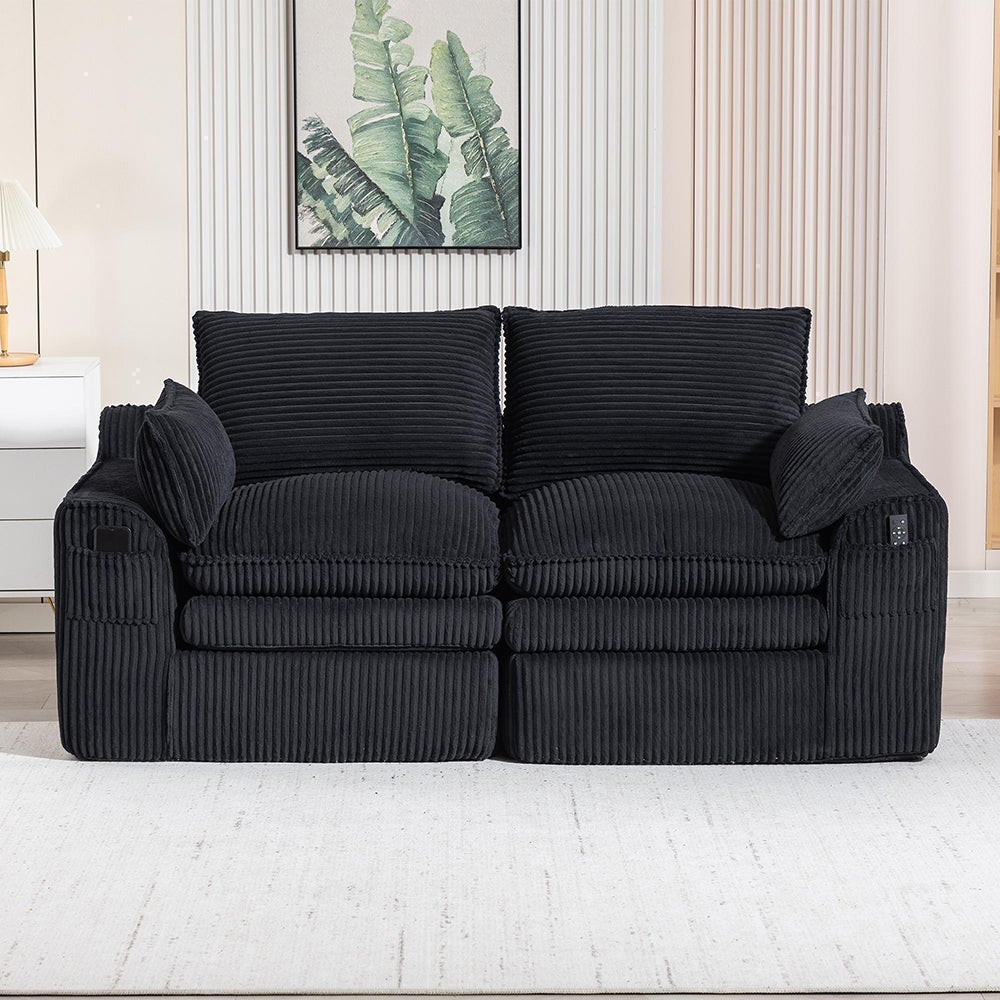 Dwuosobowa sofa z aksamitu w prążki, z poduszkami i dwiema kieszeniami bocznymi, wypełnienie z pianki i sprężyn, kolor czarny