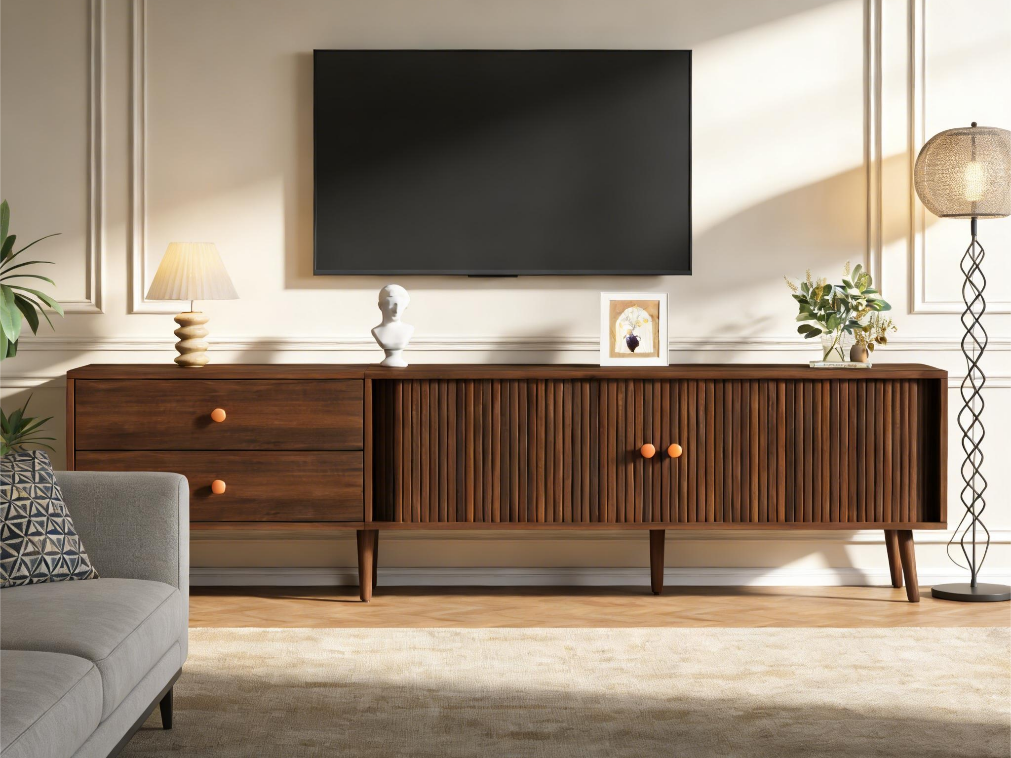 Stojak pod TV 180x40x46,5 cm - 2 szuflady i 2 drzwi przesuwnych - Kompatybilny z telewizorami do 80 cali - MDF - Brązowy