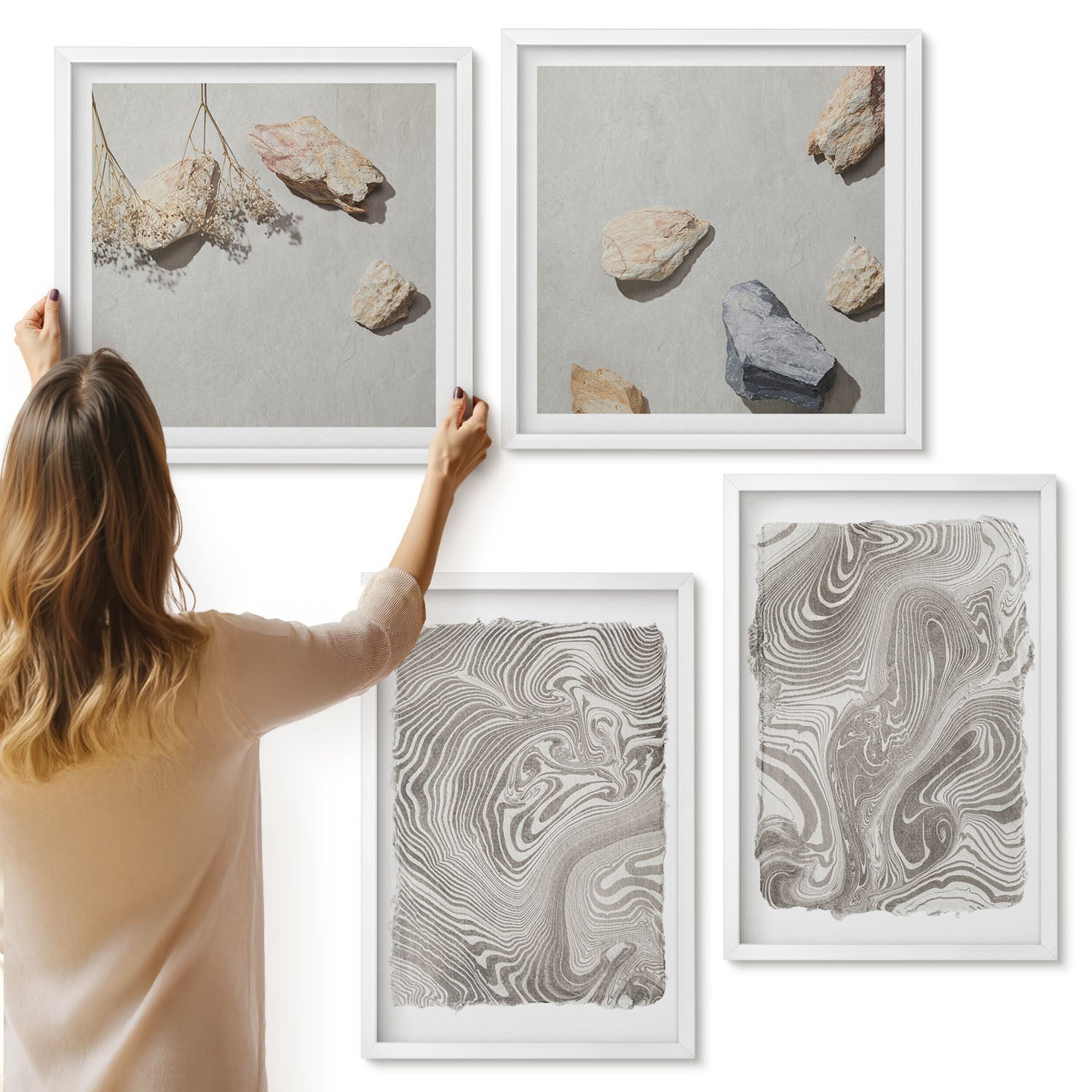 Galeria ścienna 4-częściowy komplet obrazów w białych ramach - Nowoczesne kształty malarstwo abstrakcyjne - ArtPrintCave