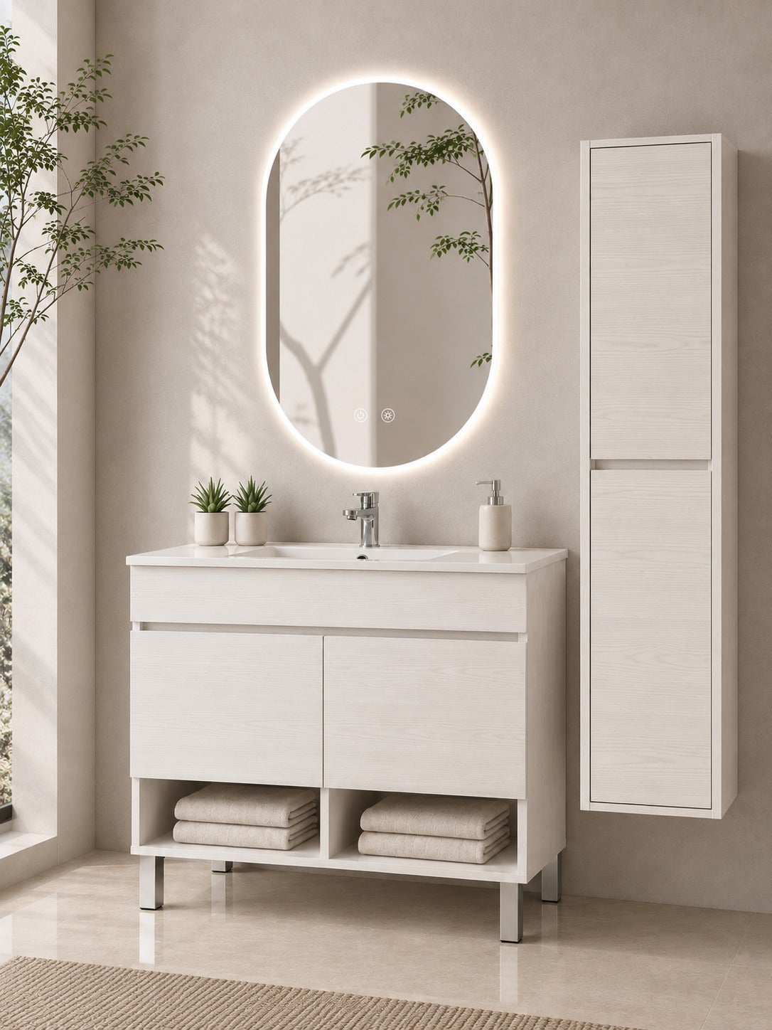 Szafka łazienkowa na nóżkach z umywalką ORIGENBATH NEBARI na nóżkach z drzwiami z kolumną 90x40 cm biały nordycki z kolumną