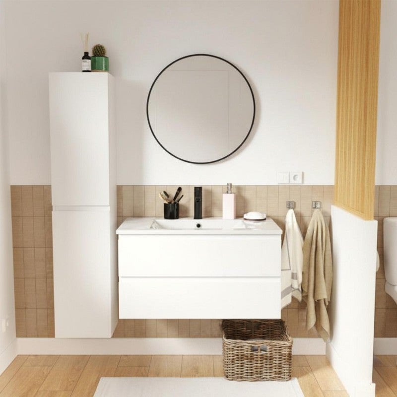 Szafka pod umywalkę 80 cm z ceramicznym blatem, baterią, lustrem i kolumną SORRENTO