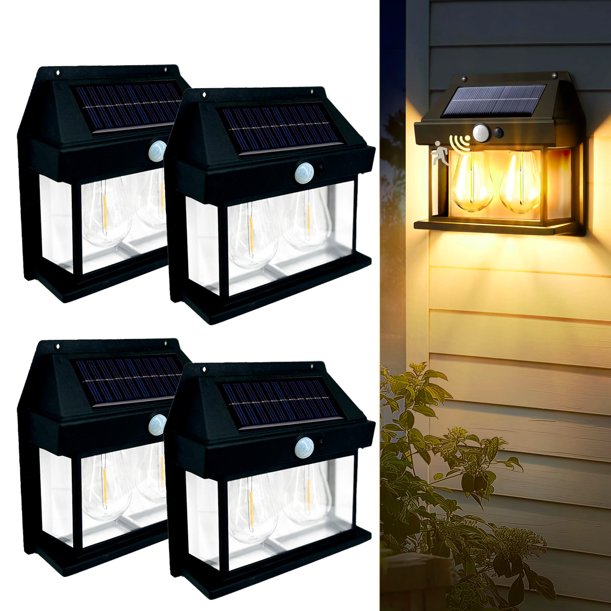 Solarna lampa ścienna z podwójną żarówką, zestaw 4 sztuk oświetlenia zewnętrznego, 3 tryby i czujnik ruchu, wodoodporna lampa na werandę, czarna