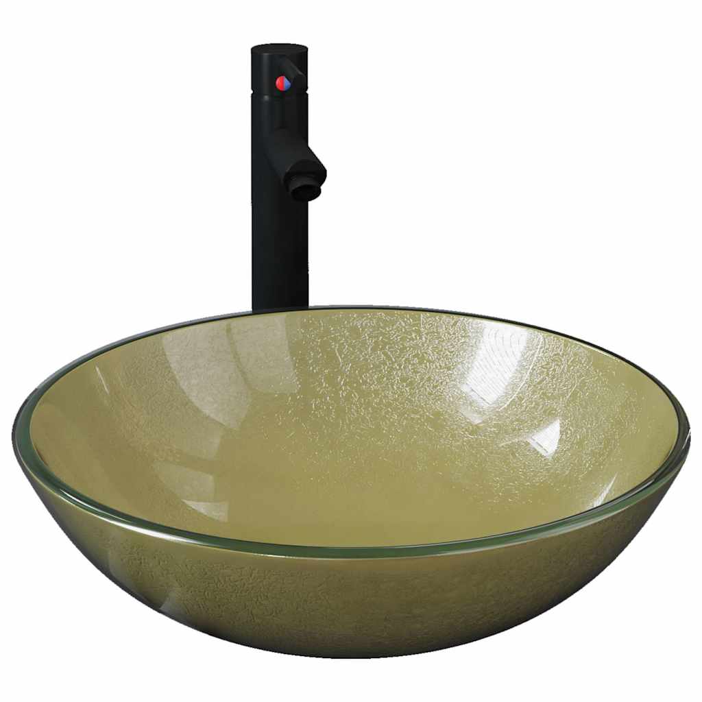 Umywalka Nablatowa ze Szkła Hartowanego Okrągła Złota z Baterią 42 cm