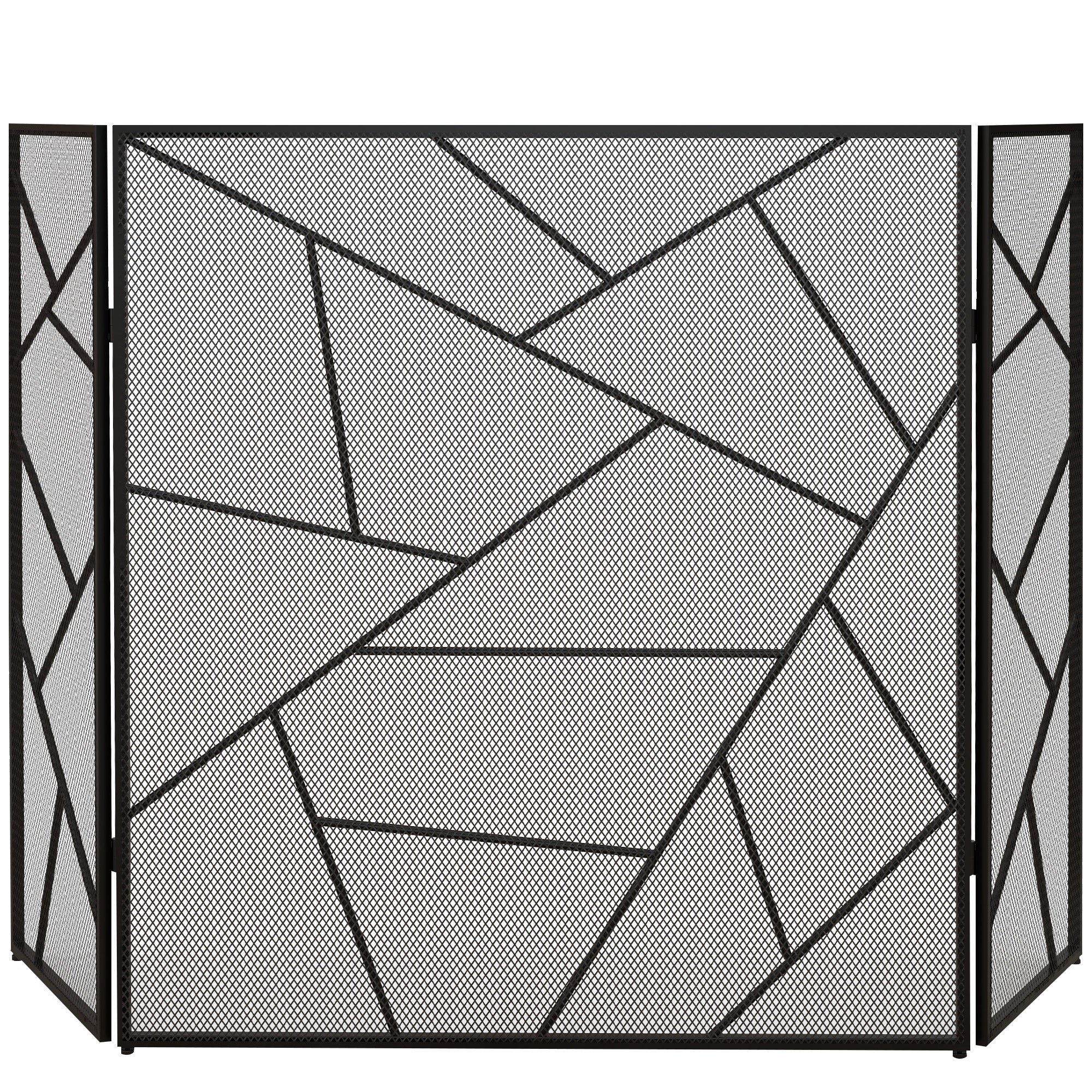 Składany, 3-panelowy stalowy ekran kominkowy z geometrycznym wzorem i antypoślizgowymi nóżkami, 135 szer. x 1,2 gł. x 85 wys. cm, czarny