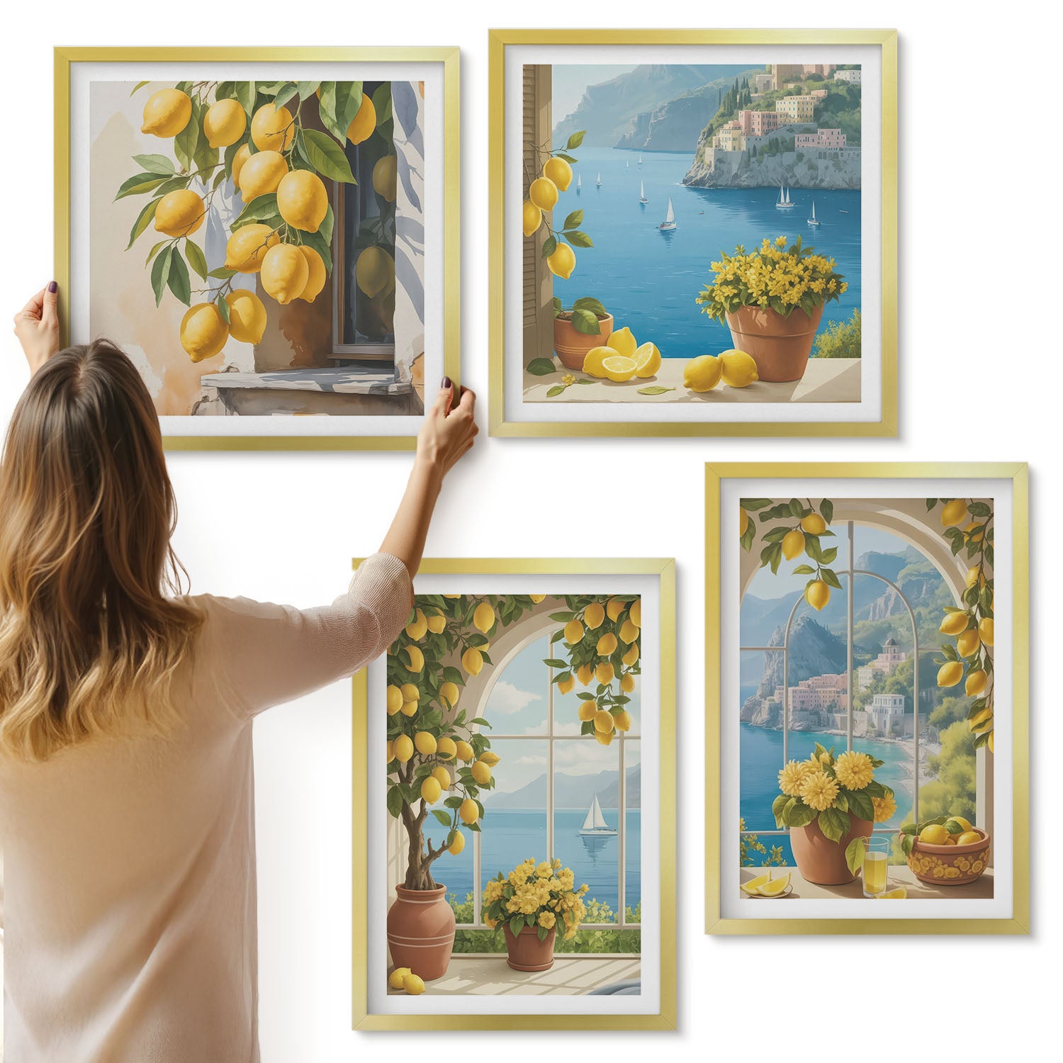 Galeria ścienna 4-częściowy komplet obrazów w złotych ramach - Krajobrazy morza z włoskimi cytrynami w oknach - ArtPrintCave