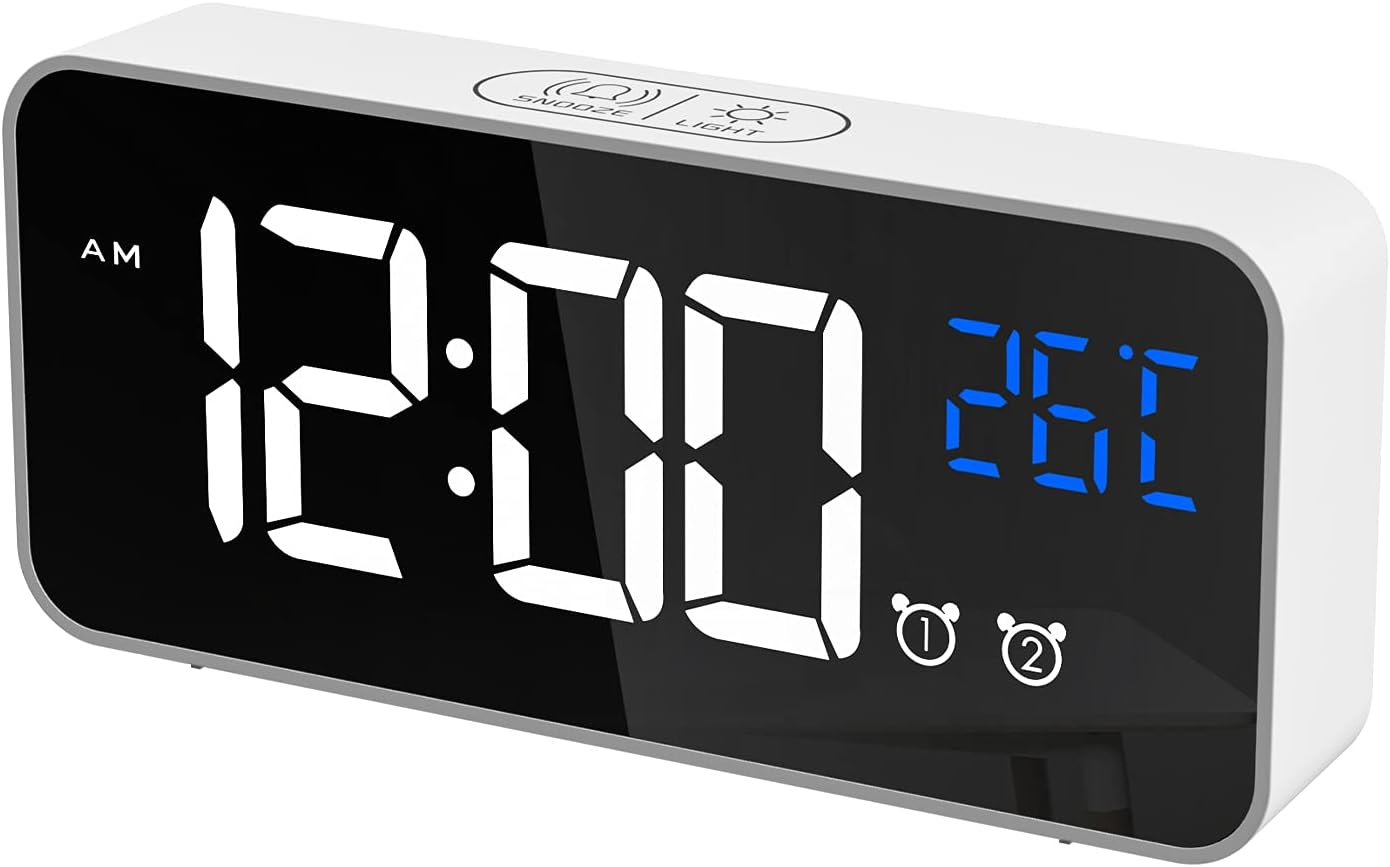 2-częściowy cyfrowy budzik, cyfrowy zegar LED z temperaturą/drzemką/2 alarmami/godzinami 12/24/portem ładowania USB/10 melodii