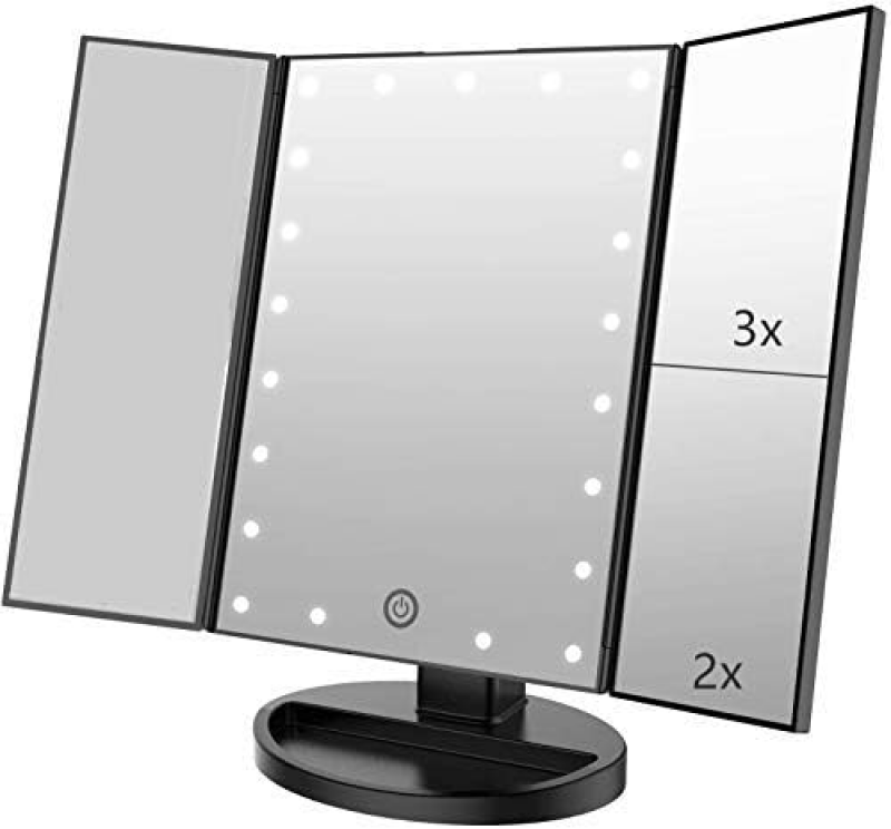 Lustro do makijażu LED, lustro stołowe podświetlane diodami LED z powiększeniem 1X/2X/3X i obrotem o 180 stopni (czarne)