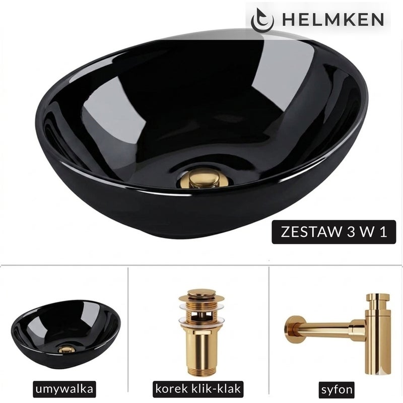 Umywalka nablatowa Helmken 65241001 (41x34) Czarna + Syfon Złoty + Korek klik-klak Złoty