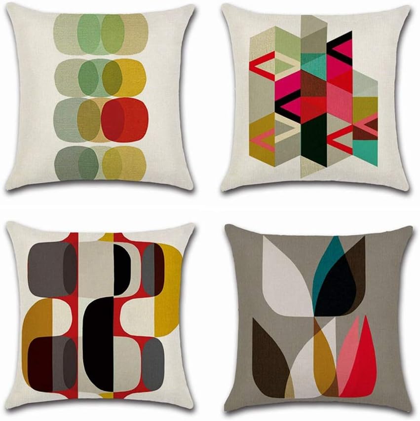 Kwadratowa poszewka na poduszkę 45 x 45 cm, 4 sztuki, kolorowy nadruk geometryczny, dekoracja wnętrz z lnu