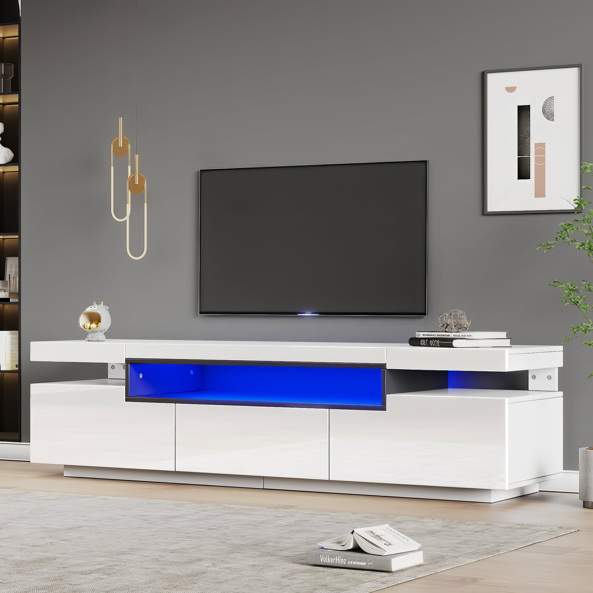 Szafka TV z LED 16 kolorów - Biała, 160x39x42cm, 3 szuflady, do telewizorów 70 cali