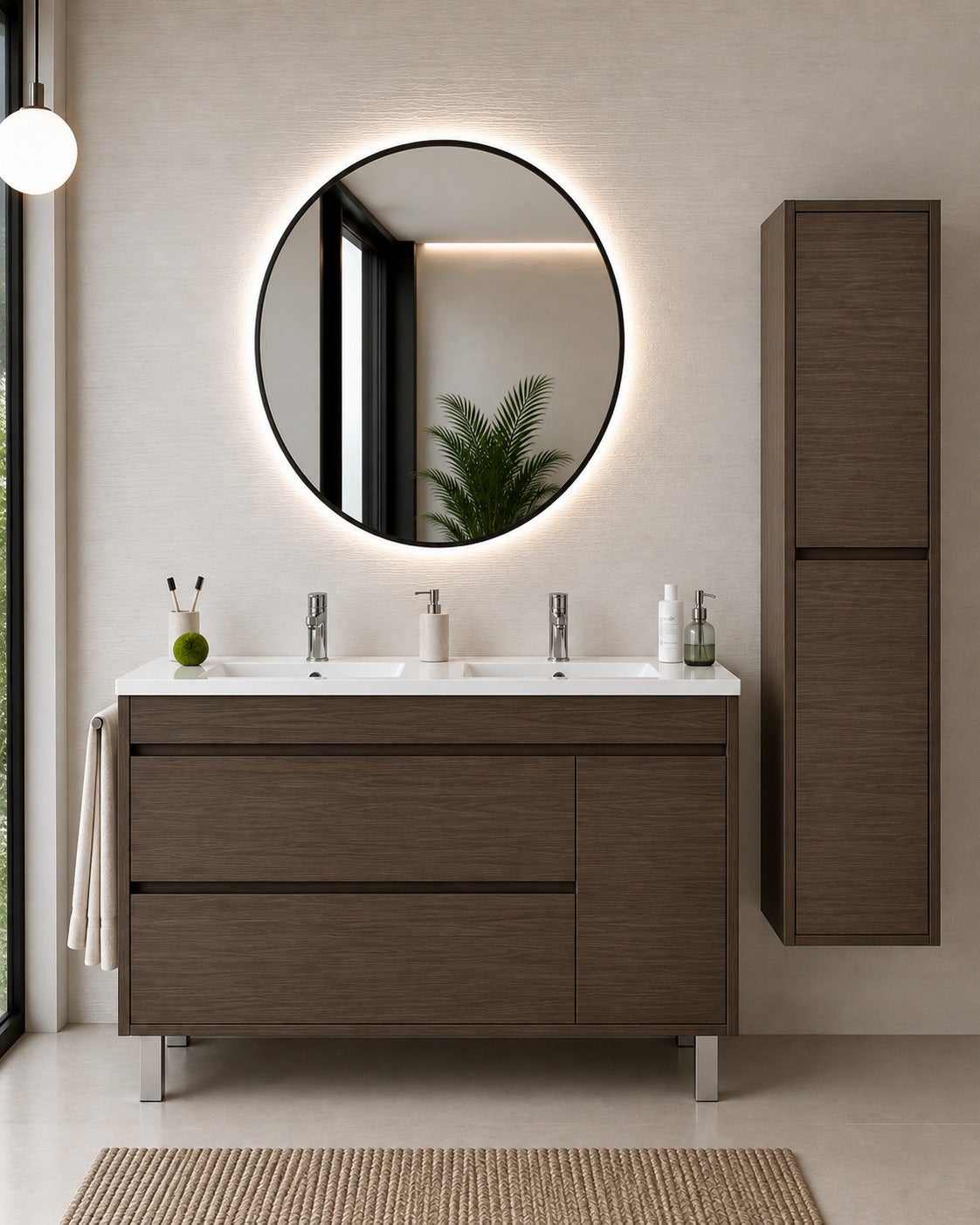 Szafka łazienkowa z umywalką ORIGENBATH CAPRERA bez lustra 120x45 cm podwójna umywalka jesion tea z kolumną