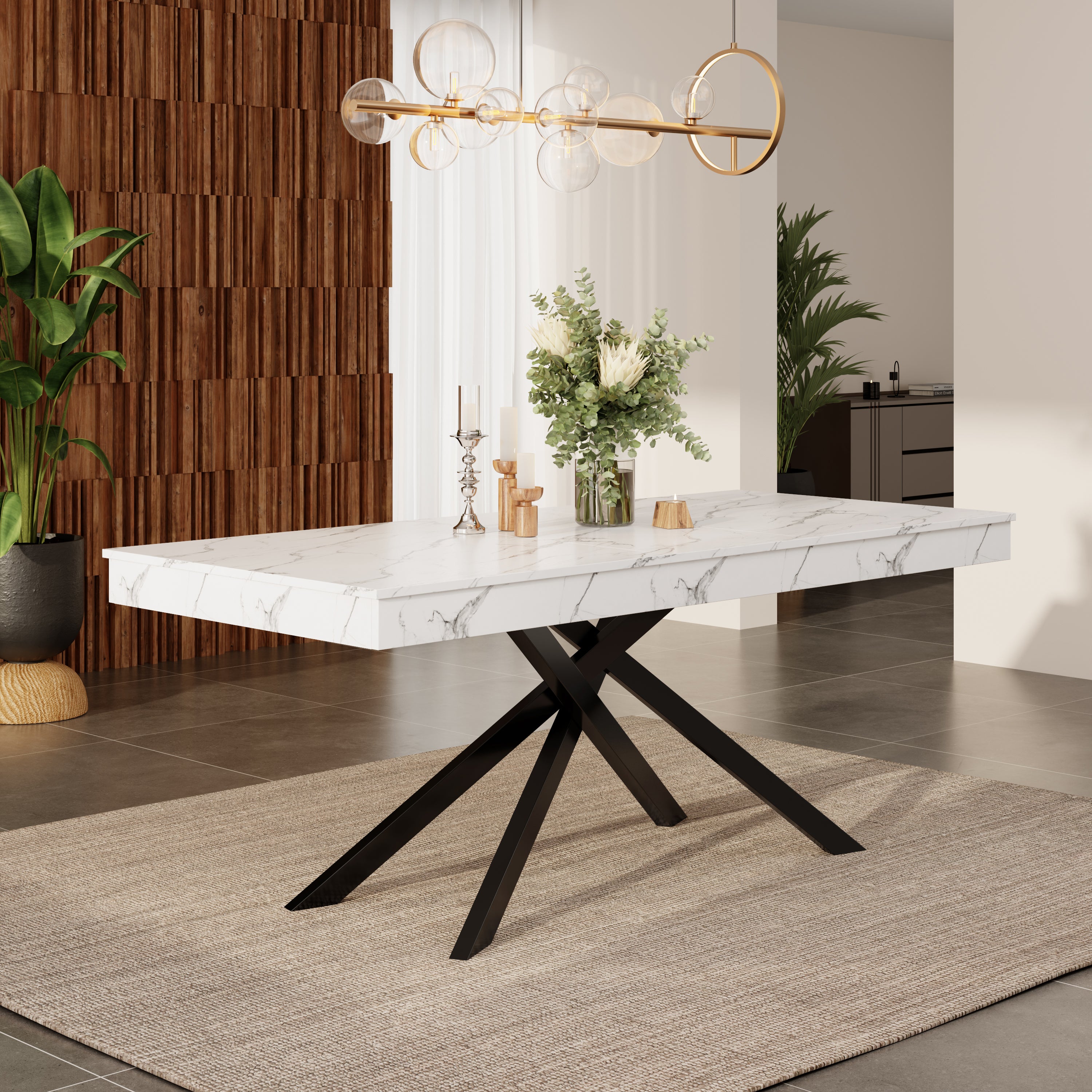 Rozkładany stół jadalny dla 6-8 osób - 140/180 x 80 x 75 cm - Płyta MDF ze skrzyżowanymi nogami - Blat imitujący marmur - Biały