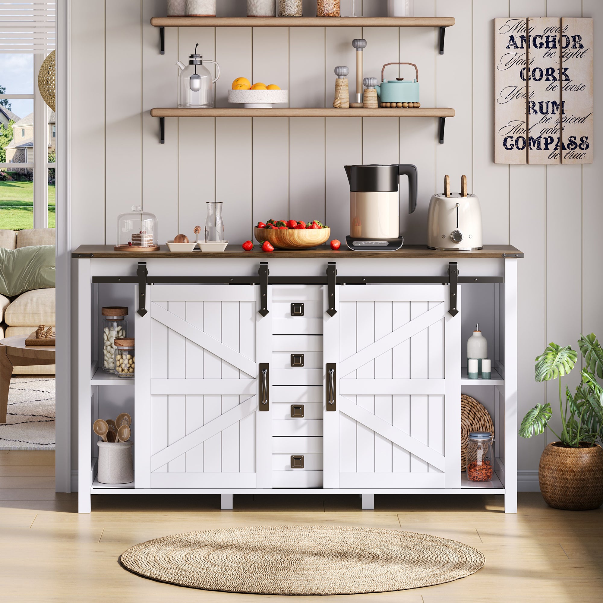 Nowoczesna komoda 140x39x90cm - z 4 drzwiami i 2 szufladami - Biały + Brąz