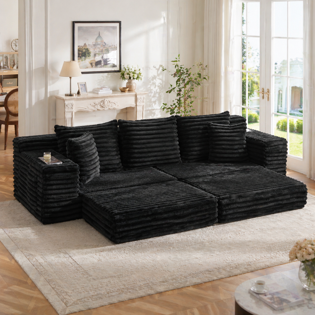 Sofa 273 x 98 x 87cm, welur, do salonu, do codziennego użytkowania, funkcjonalny element wyposażenia