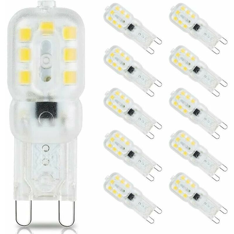 10 żarówek LED G9 3W, odpowiednik żarówek halogenowych 33W, barwa światła dziennego 6000K, strumień świetlny 800 lm, bez migotania, nieściemnialne, en