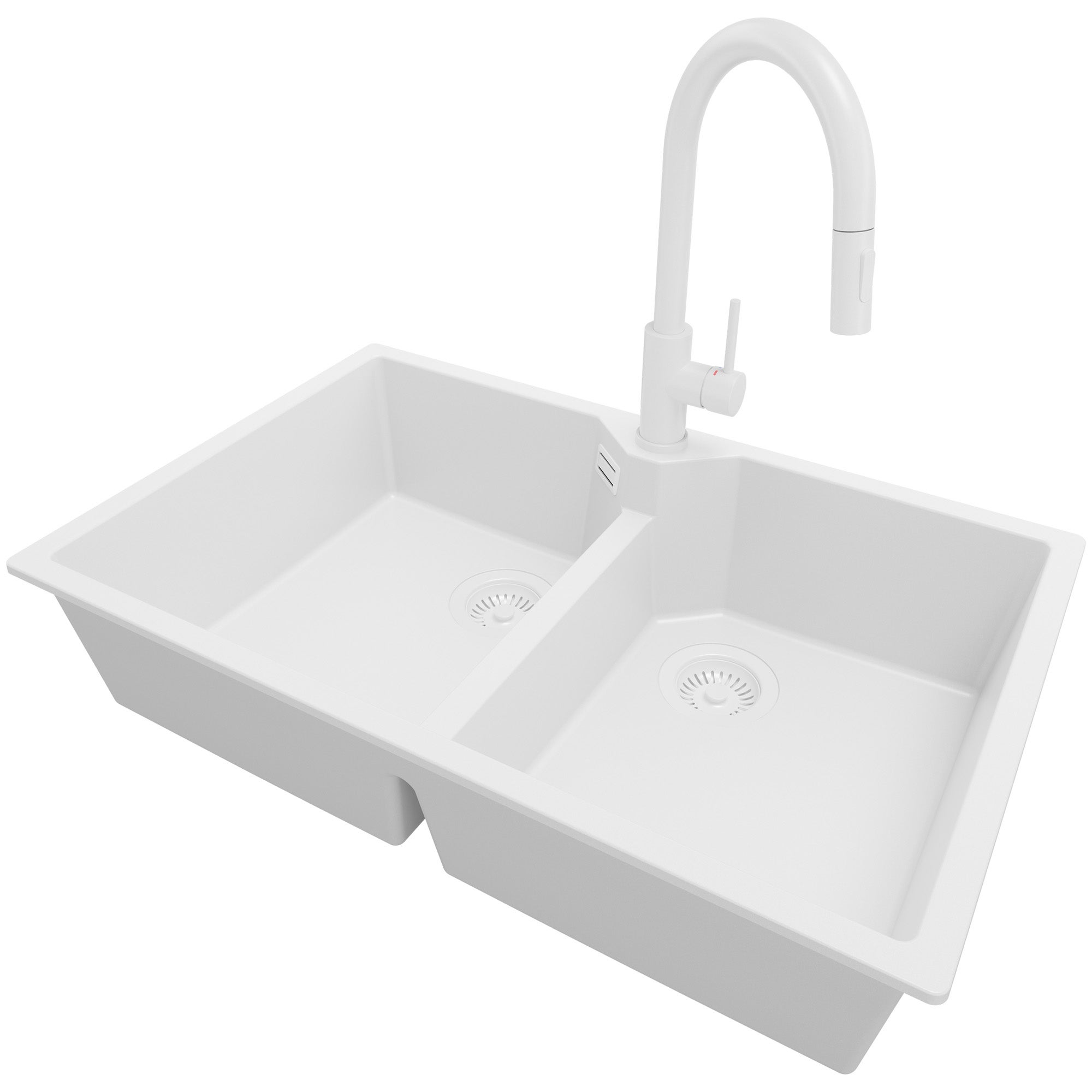 Zlewozmywak Granitowy Cały Biały 78x50cm, Zlew Kuchenny 2 Komorowy + Bateria 40x20cm + Syfon, Nablatowy do szafki od 80cm - Madryt Twin PRIMAGRAN