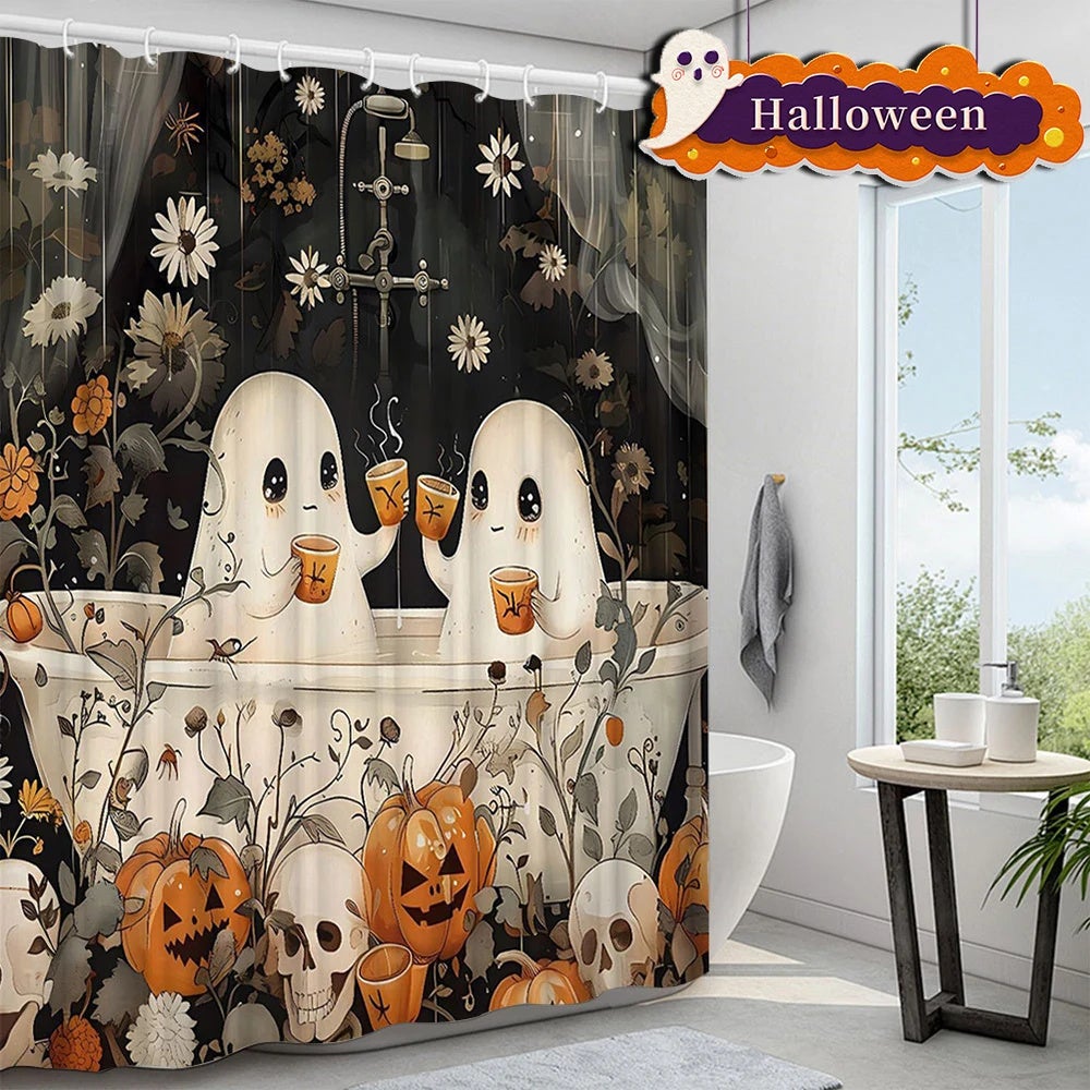 Zasłona prysznicowa na Halloween z motywem ducha dyni i czaszki wodoodporna wykonana z poliestru nadaje się do prania w pralce z haczykami x cm