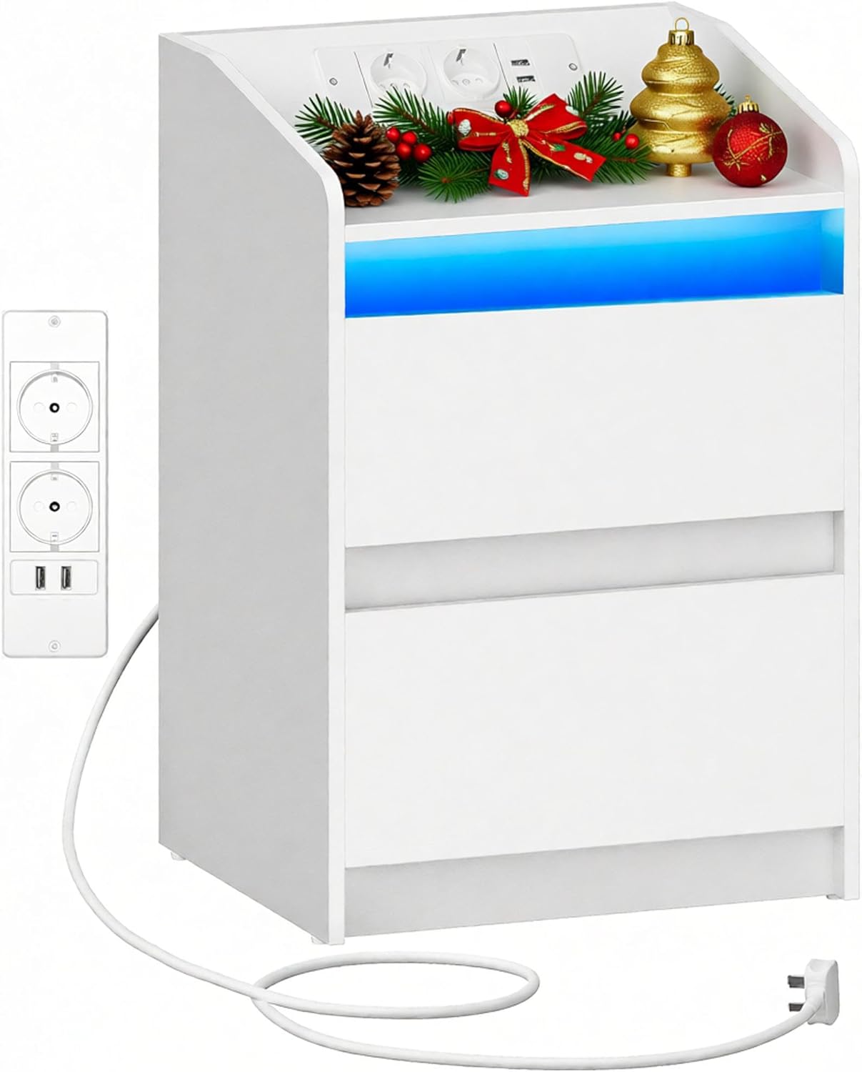 Stolik Nocny z oświetleniem LED, szafka nocna ze stacją ładującą i 2 szufladami, szafka nocna z portami USB i gniazdami zasilania, (Biały, 1er Set);