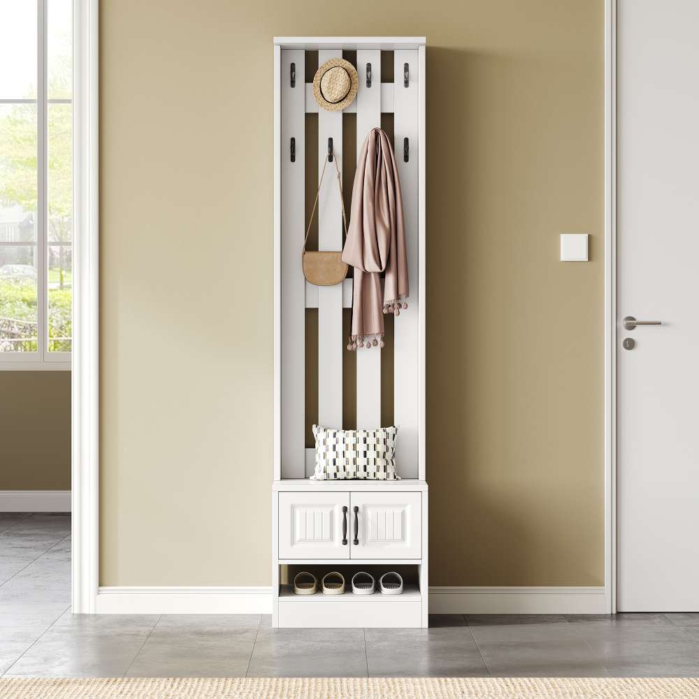 Biała szafka na buty z 2 drzwiami, wbudowanym siedziskiem i 8 wieszakami ściennymi do przedpokoju 50x36x190cm