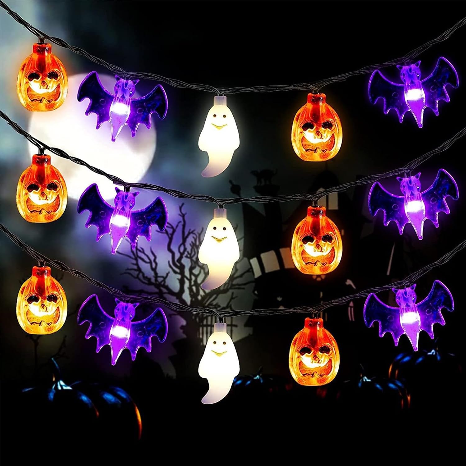 Dekoracje świetlne na Halloween, 20 diod LED, 3 m, zasilane bateriami, na imprezy, dynia, duch, nietoperz, oświetlenie Halloween do ogrodu i do użytk