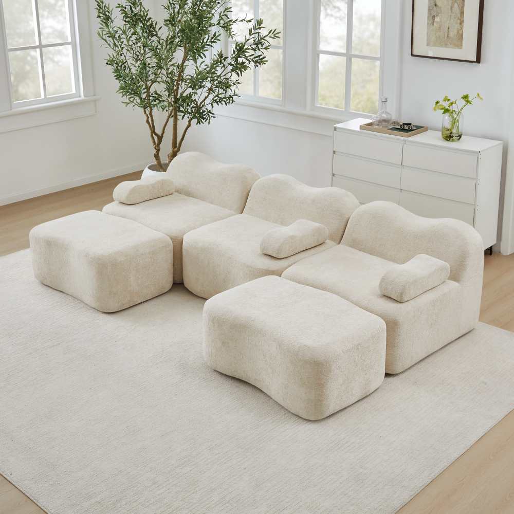 Modułowa sofa narożna 3-osobowa z weluru beżowego z 2 otomanami, ruchome podłokietniki, głębokie siedzisko, pianka o wysokiej gęstości do salonu