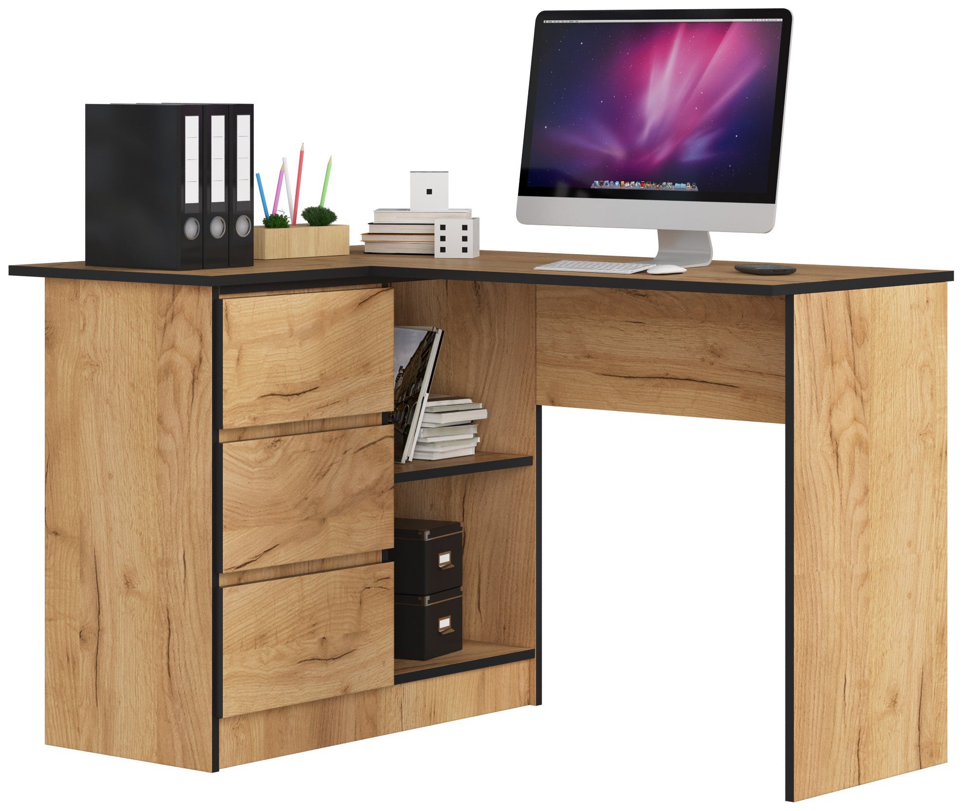 Biurko narożne AKORD B16 Dąb Craft 124 cm lewe 3 szuflady kolor Dąb Craft mat 2 półki 124x85x77 cm