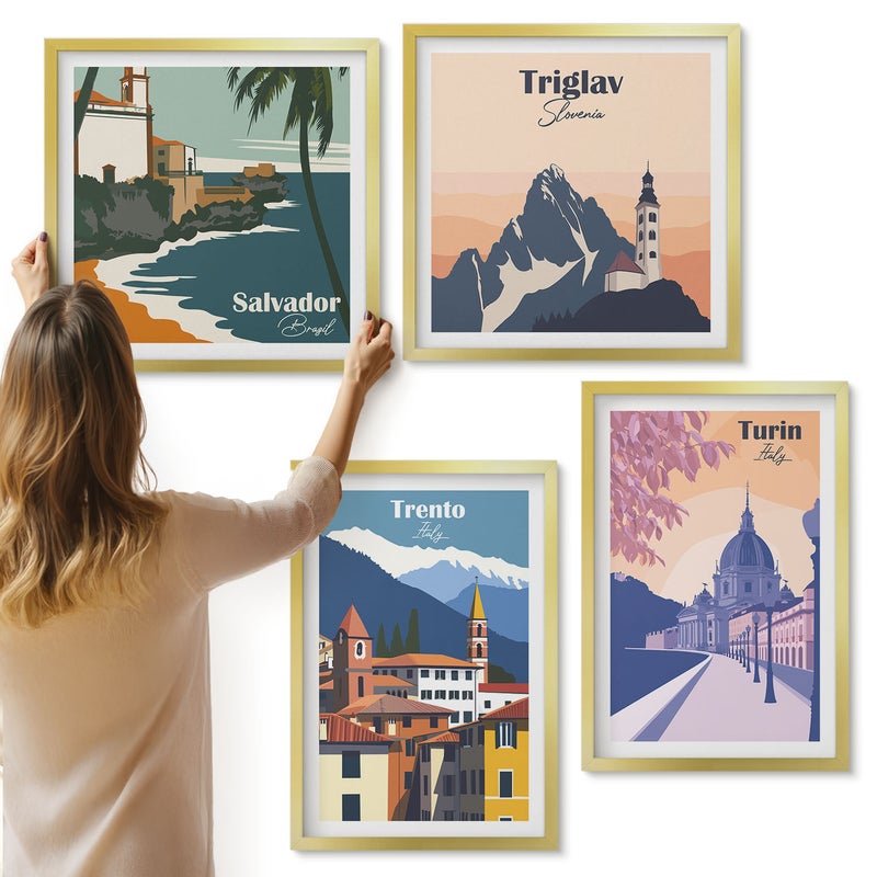 Galeria ścienna 4-częściowy komplet obrazów w złotych ramach - Góry i architektura retro kolorowe ilustracje - ArtPrintCave