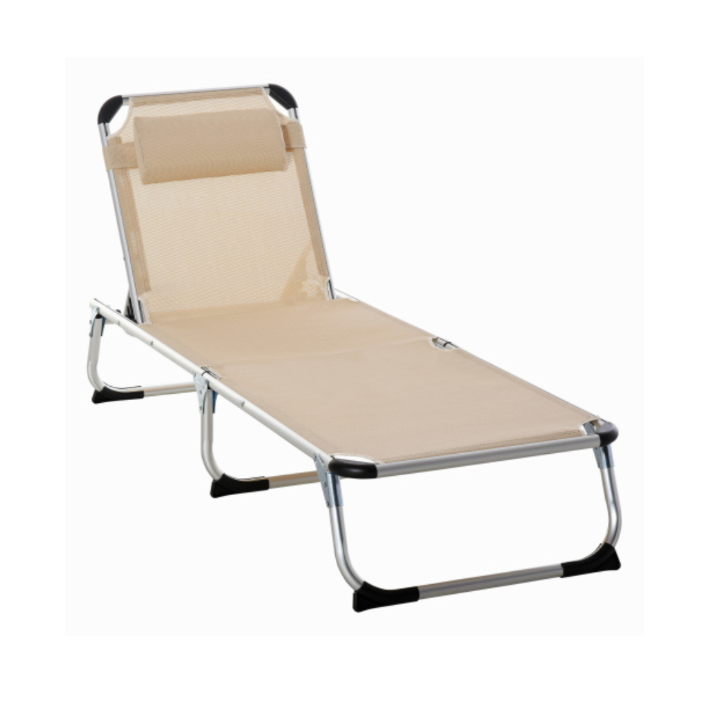 Aluminiowy składany leżak ogrodowy ergonomiczny z 4-stopniową regulacją, beżowa siatka 170×60×76 cm do ogrodu i tarasu