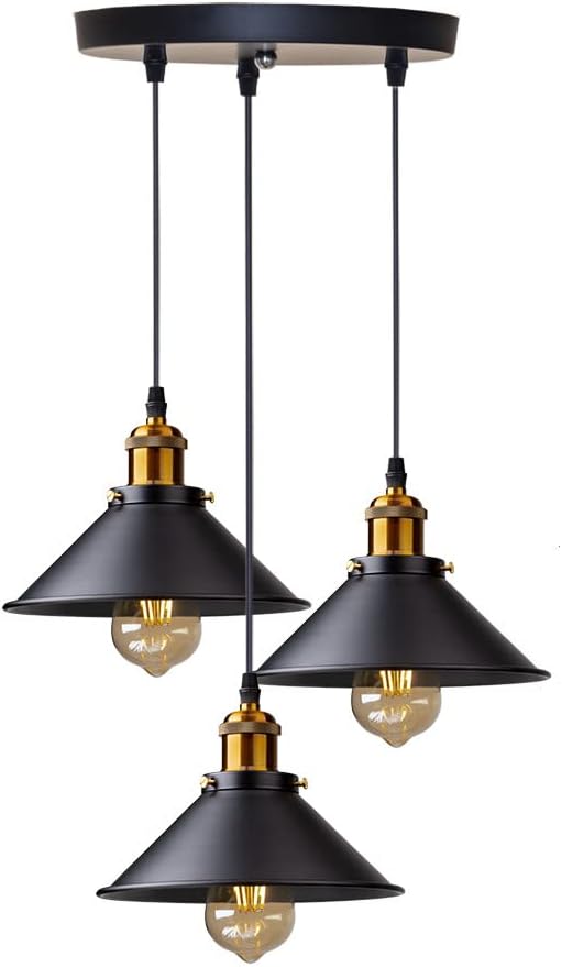Lampa wisząca 3 światła w stylu industrialnym vintage Edison wykonana z metalu z okrągłym mocowaniem, średnica 22 cm, czarna [Klasa energetyczna E]