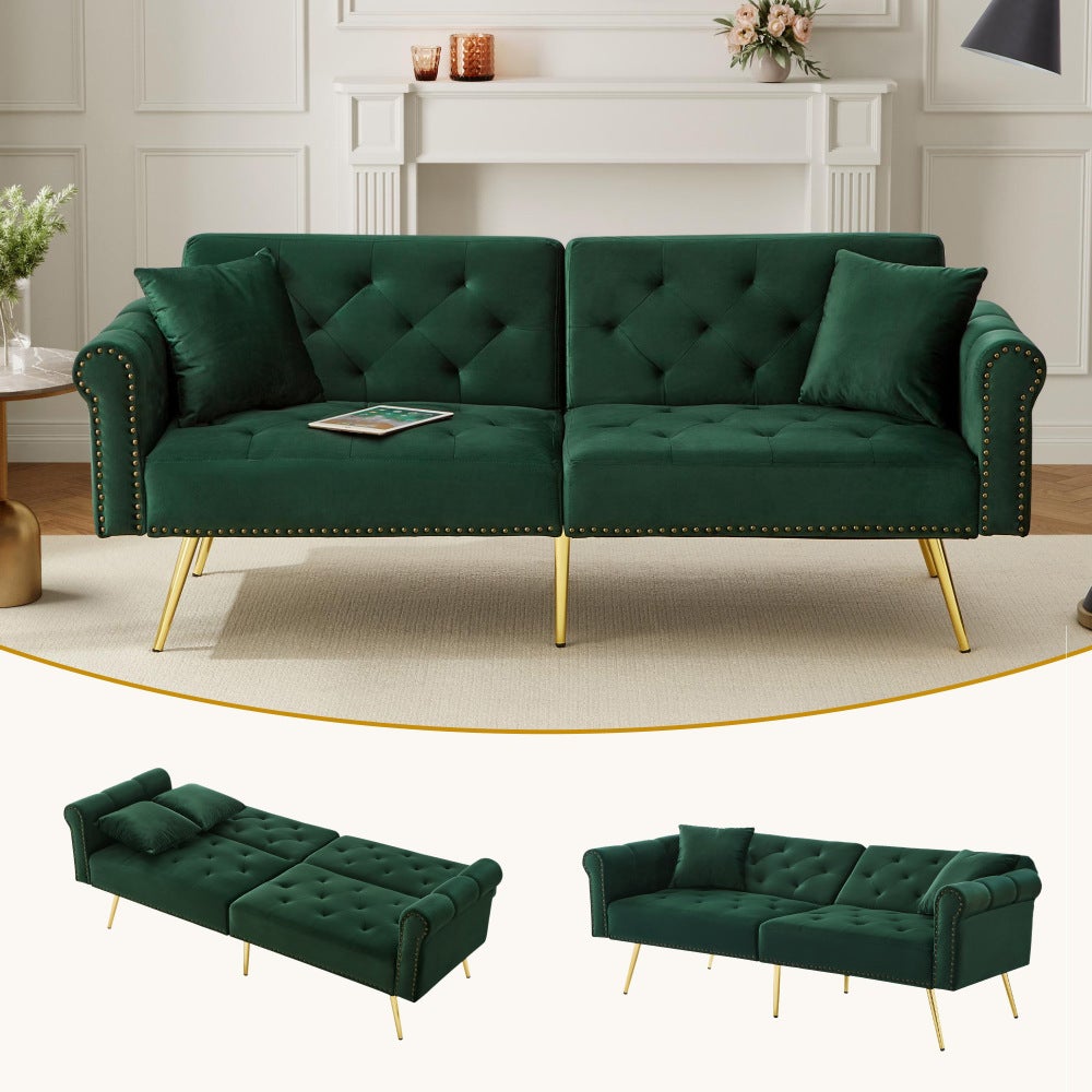 Nowoczesna sofa 2-osobowa z funkcją spania – aksamitna, oparcie regulowane w 3 pozycjach, złote metalowe nogi. Elegancka
