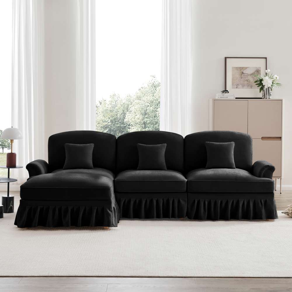 Modułowa 3-osobowa sofa narożna L z tkaniny szenilowej, podłokietnikami trąbkowymi i ruchomym podnóżkiem