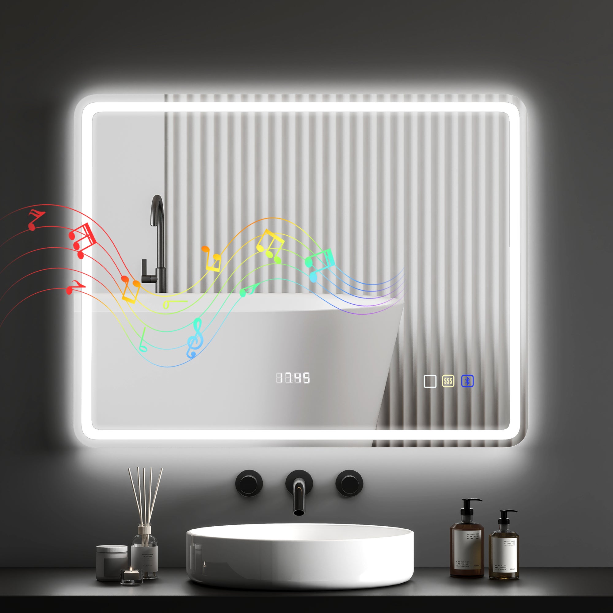 Lustro łazienkowe z oświetleniem LED, podkładka przeciwmgielna, 3 regulowane kolory, zegar, 700 x 900 mm, kolor srebrny