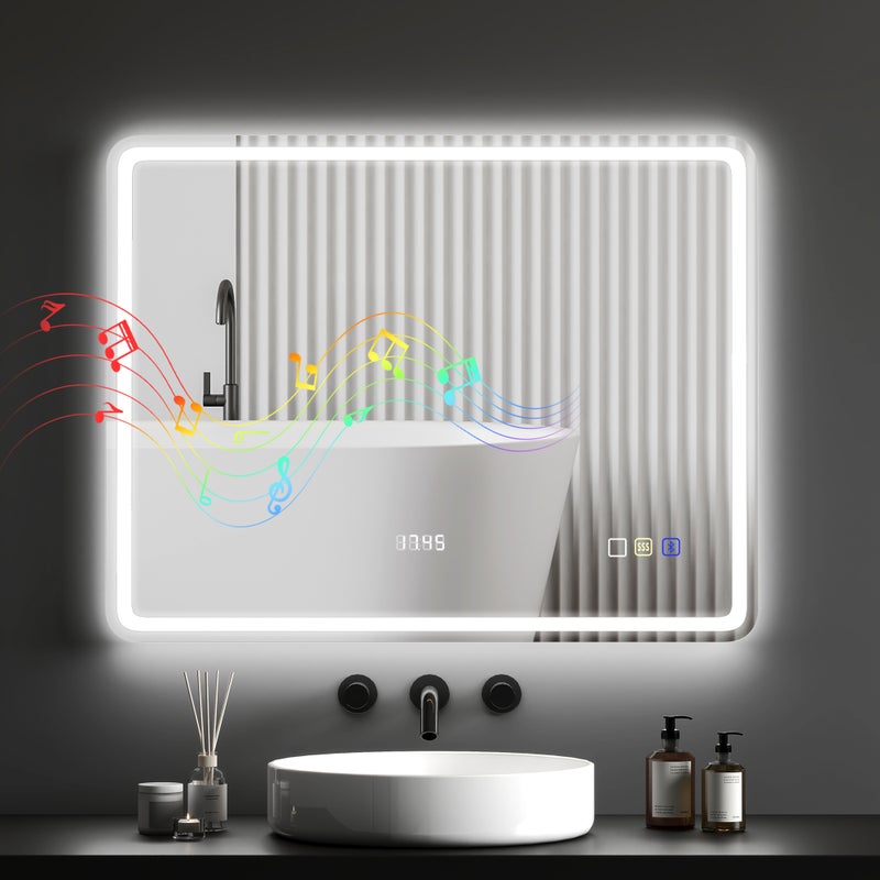 Lustro łazienkowe z oświetleniem LED, podkładka przeciwmgielna, 3 regulowane kolory, zegar, 700 x 900 mm, kolor srebrny