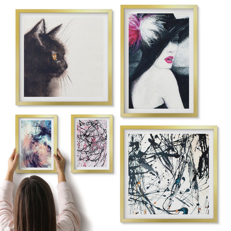 Galeria ścienna 5-częściowy komplet obrazów w złotych ramach - Stylowe portrety i abstrakcyjne kompozycje artystyczne - ArtPrintCave