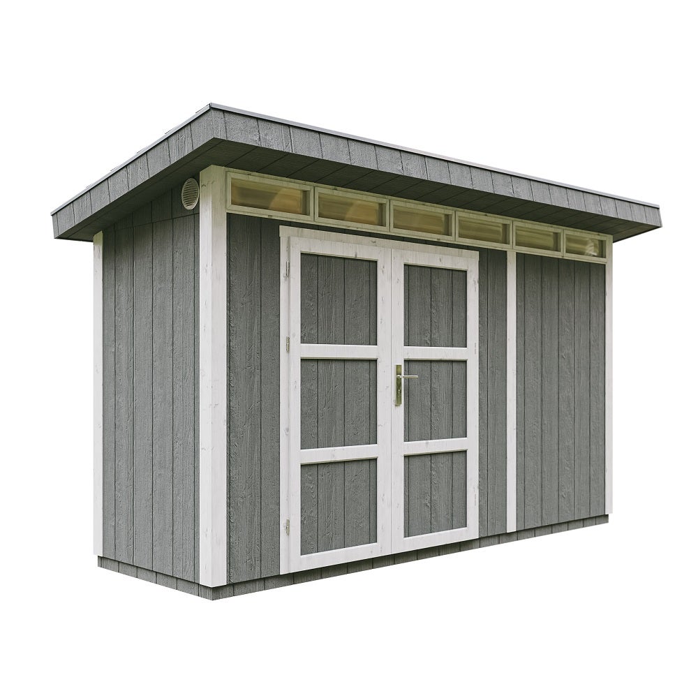 Domek ogrodowy z drewna, panele LP SmartSide 4 m² - z podłogą i płytkami bitumicznymi dł. 161 x szer. 412 x wys. 239 cm - Timbela M902A - Cavern steel