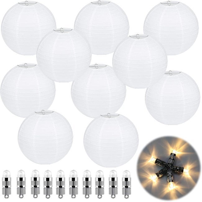 Zestaw 10 okrągłych białych lampionów papierowych do zawieszenia z metalową wstążką i papierowym abażurem, 20 cm