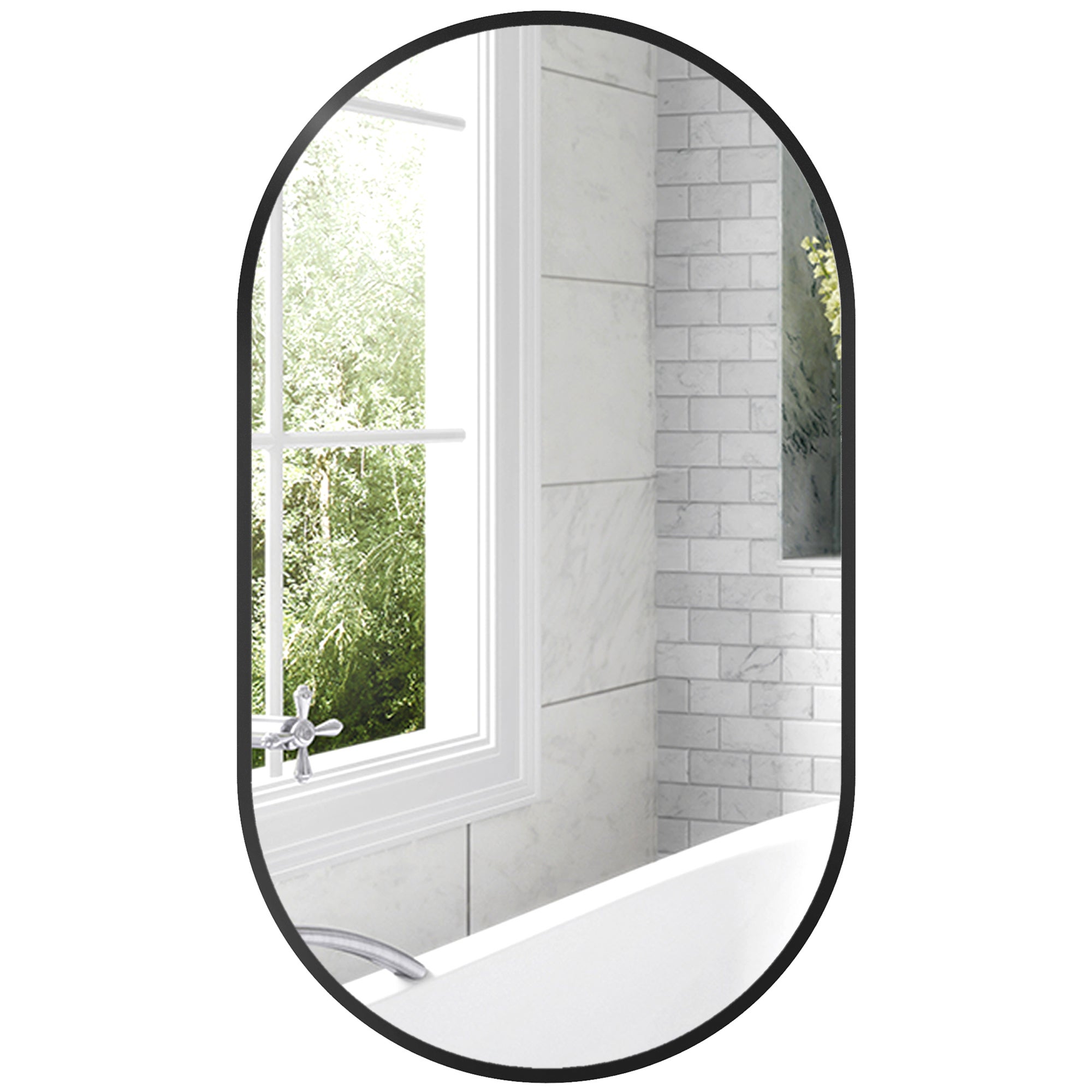 Owalne lustro ścienne z minimalistyczną aluminiową ramą, montaż pionowy lub poziomy z 3 haczykami, 40 x 70 cm, kolor czarny