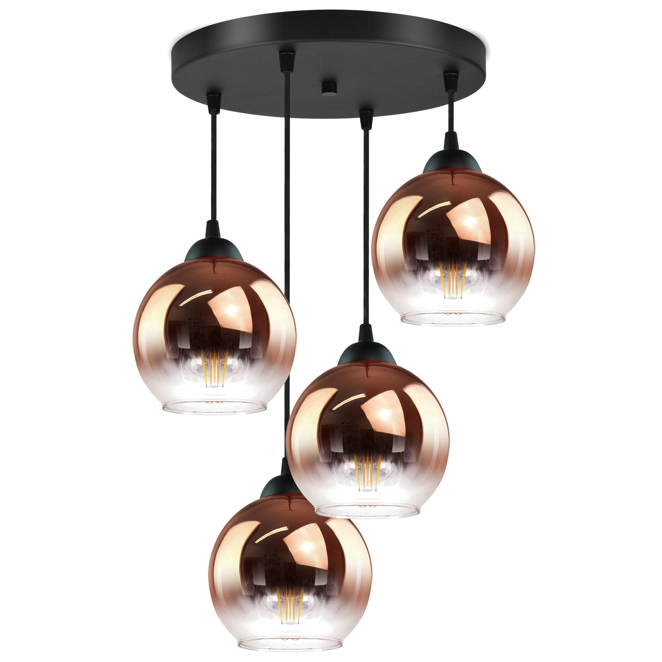 Lampa wisząca cztery kule miedziane transparentne